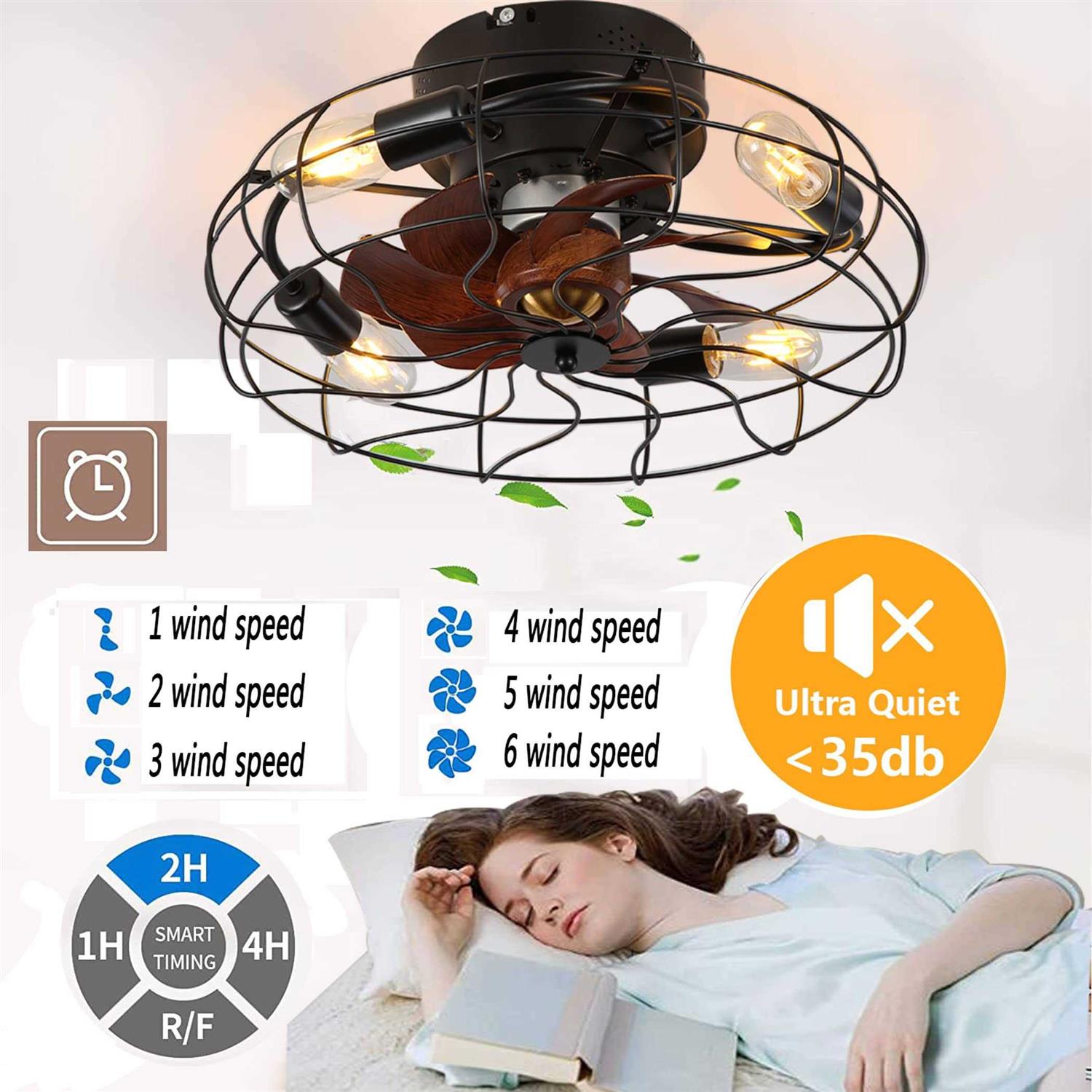 YUANYIJIA Caged Ceiling Fan With Lights Remote Control 21 Low Profile Farmhouse FlushMountFandelier