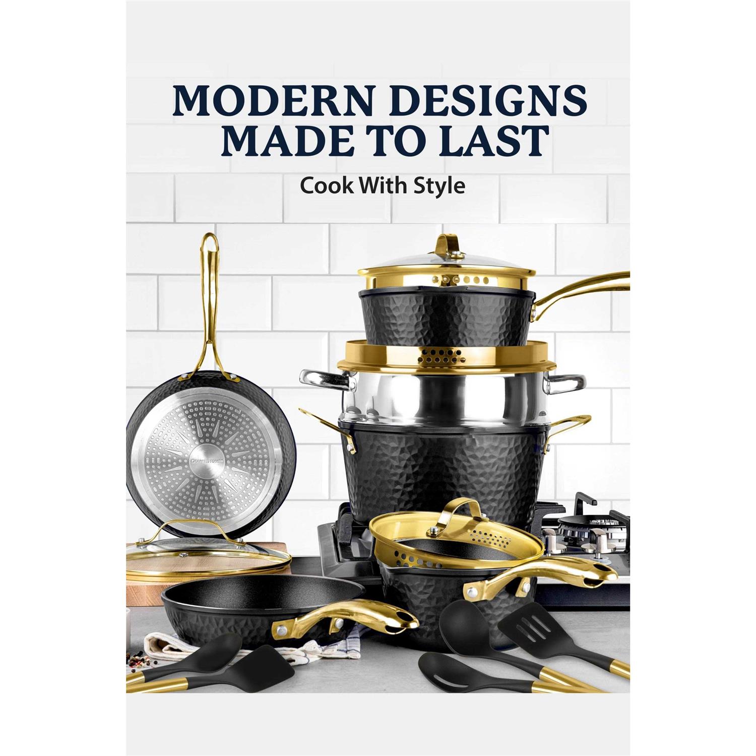 Granitestone Charleston Collection Hammered 15 Piece Nonstick Cookware Set with Utensils