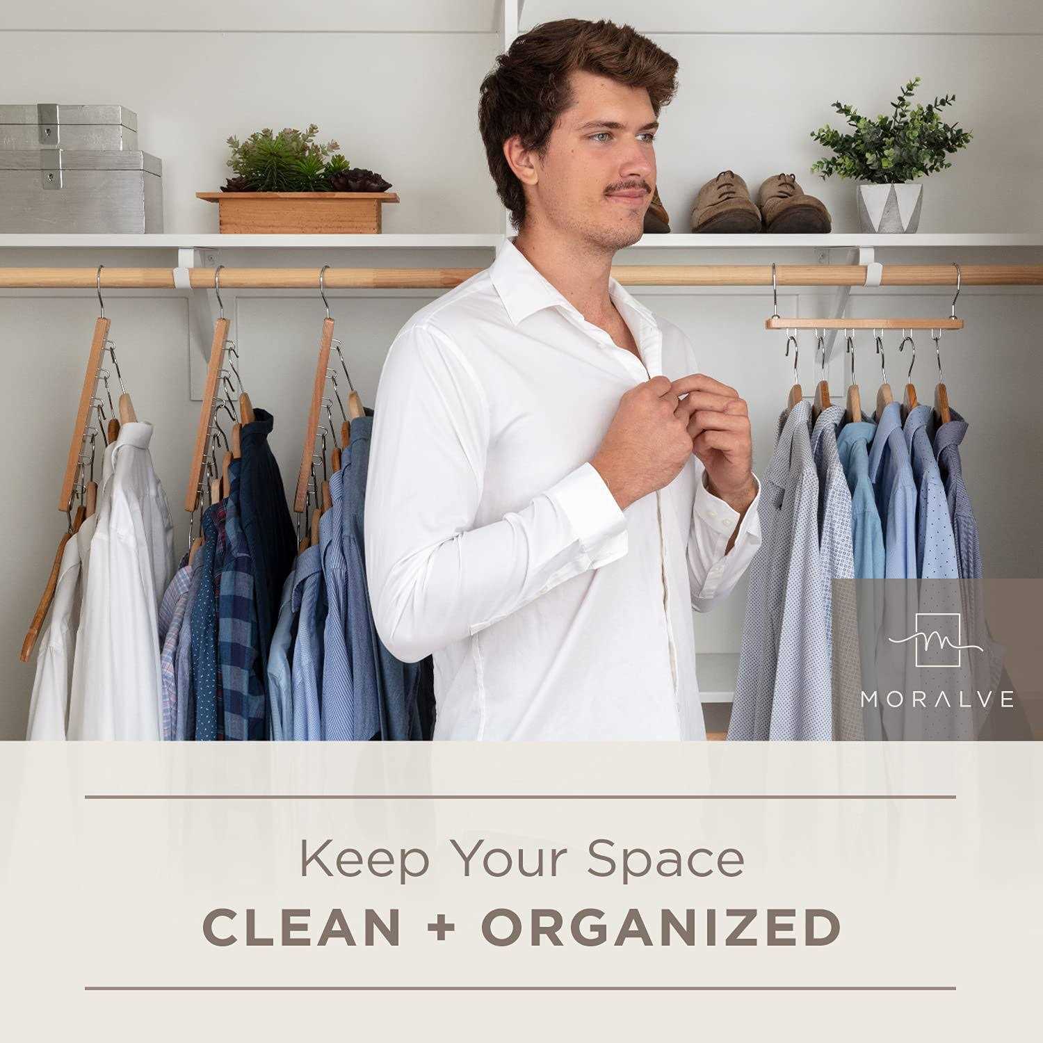 MORALVE Space Saving Hangers for Closet Organizer 4 Pack European Beechwood Shirt Organizer for Closet