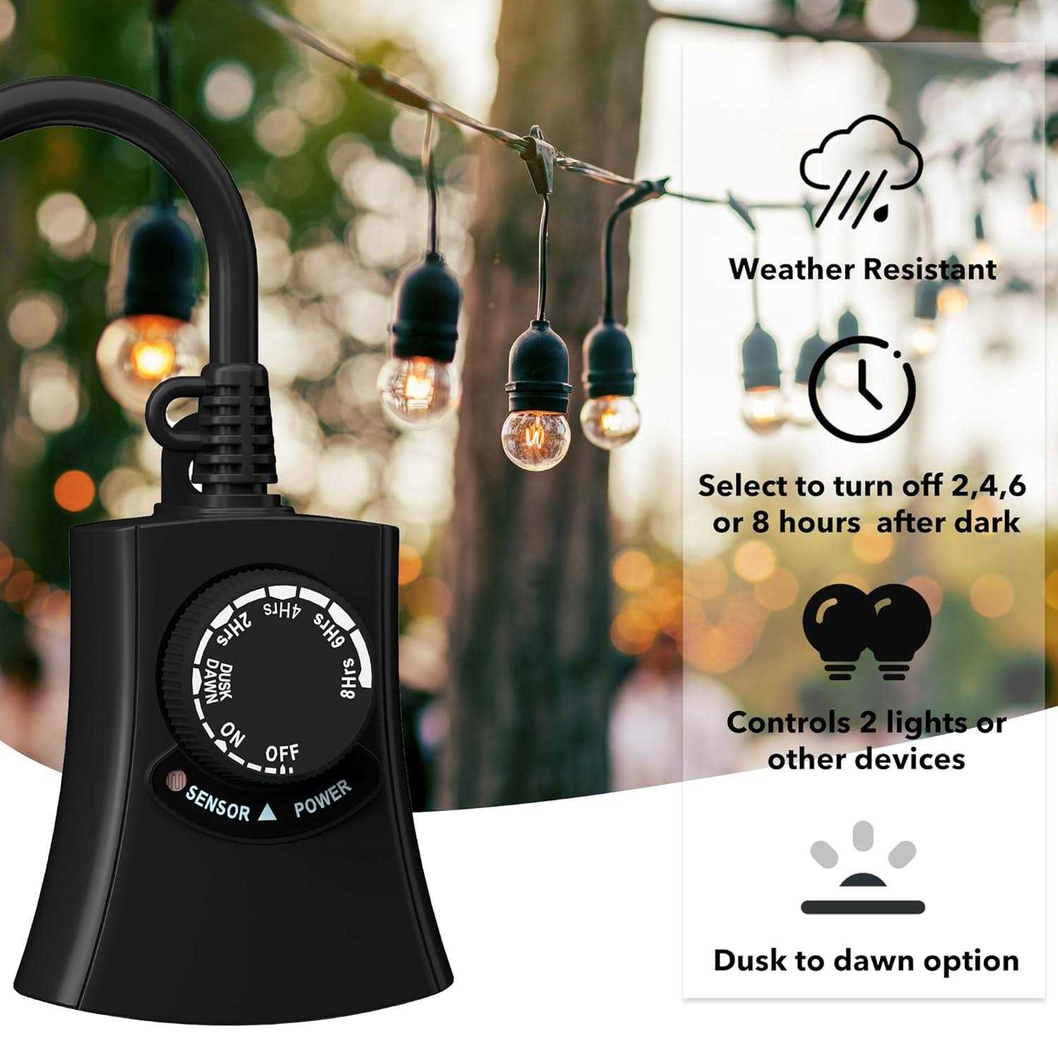 Outdoor Photocell Light Timer Waterproof Dusk to Dawn Sensor Timer Outlet 2/4/6/8 Countdown HBN