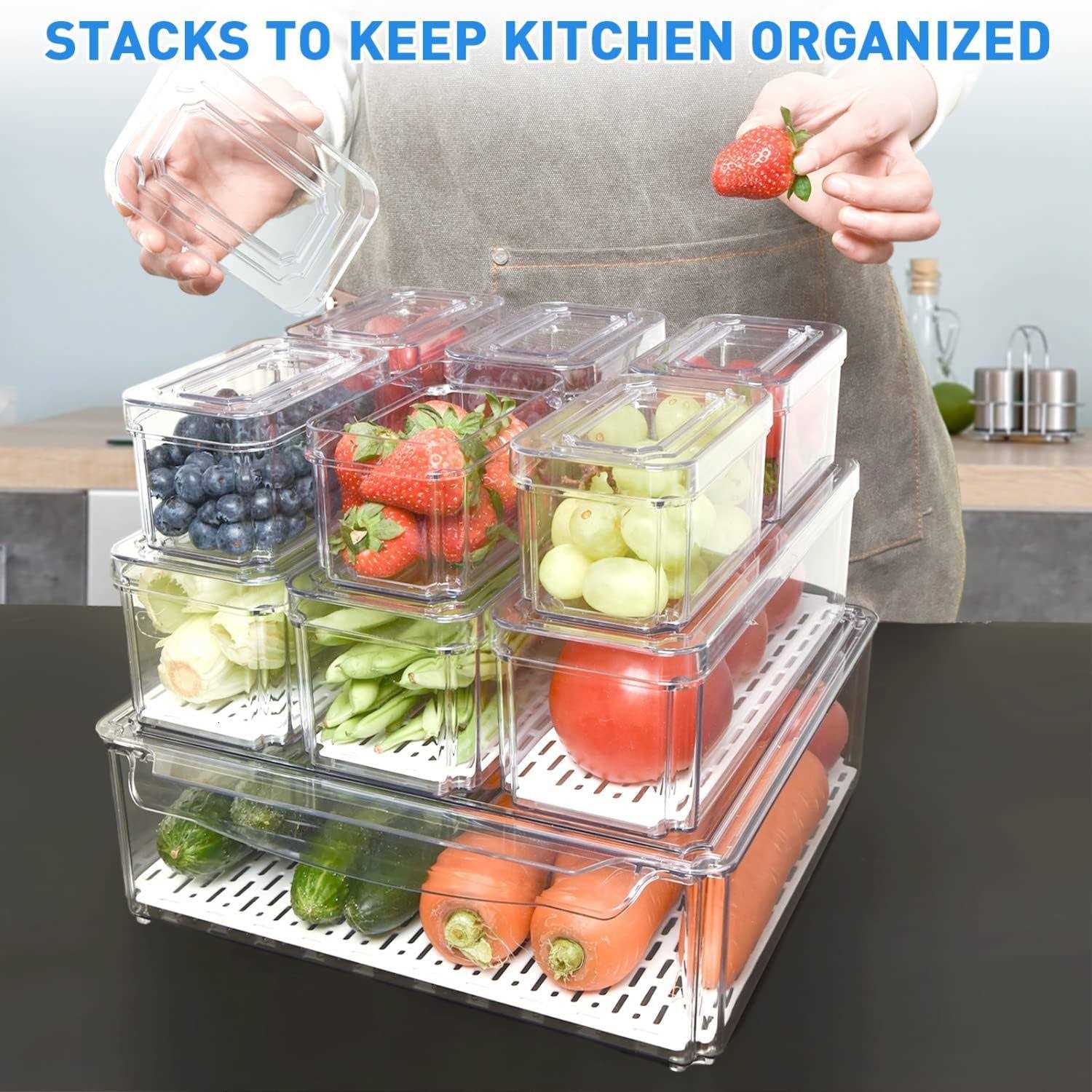 Pomeat 10 Pack Fridge Organizer Stackable Refrigerator Organizer Bins with Lids