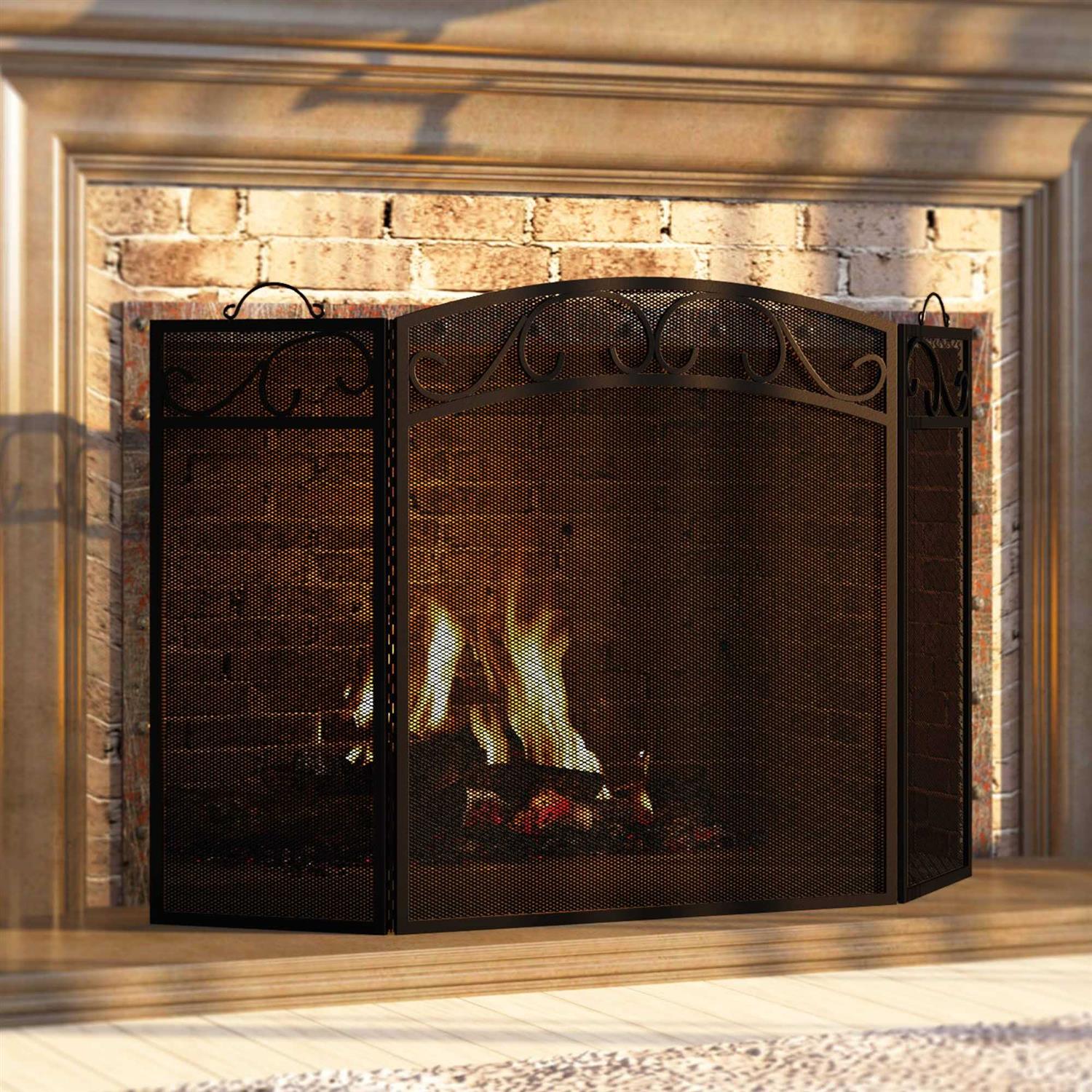 Fire Beauty Fireplace Screen 3 Panel with Handles Wrought Iron 51′ x31 Spark Guard Cover