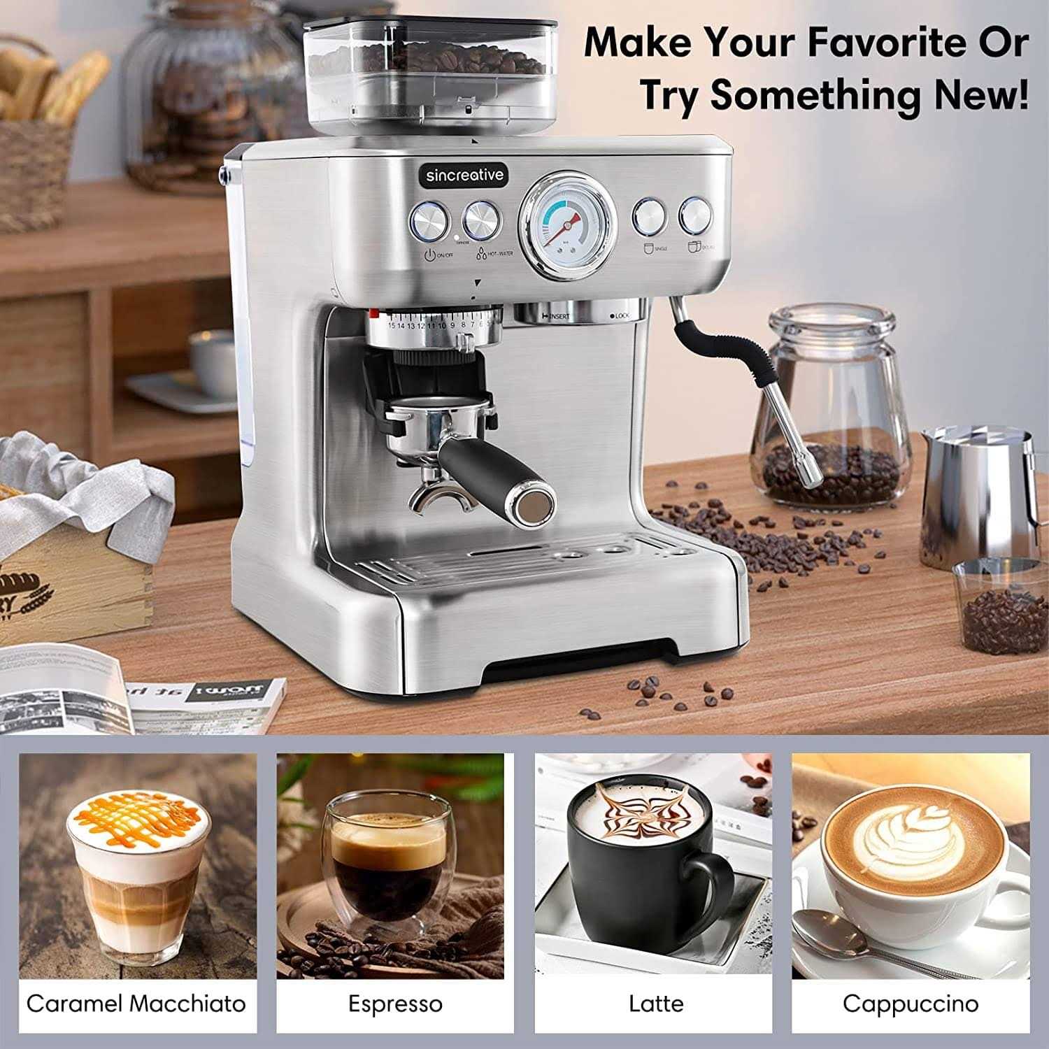 Sincreative 20 Bar All in One Espresso Machine with Grinder and Milk Frother