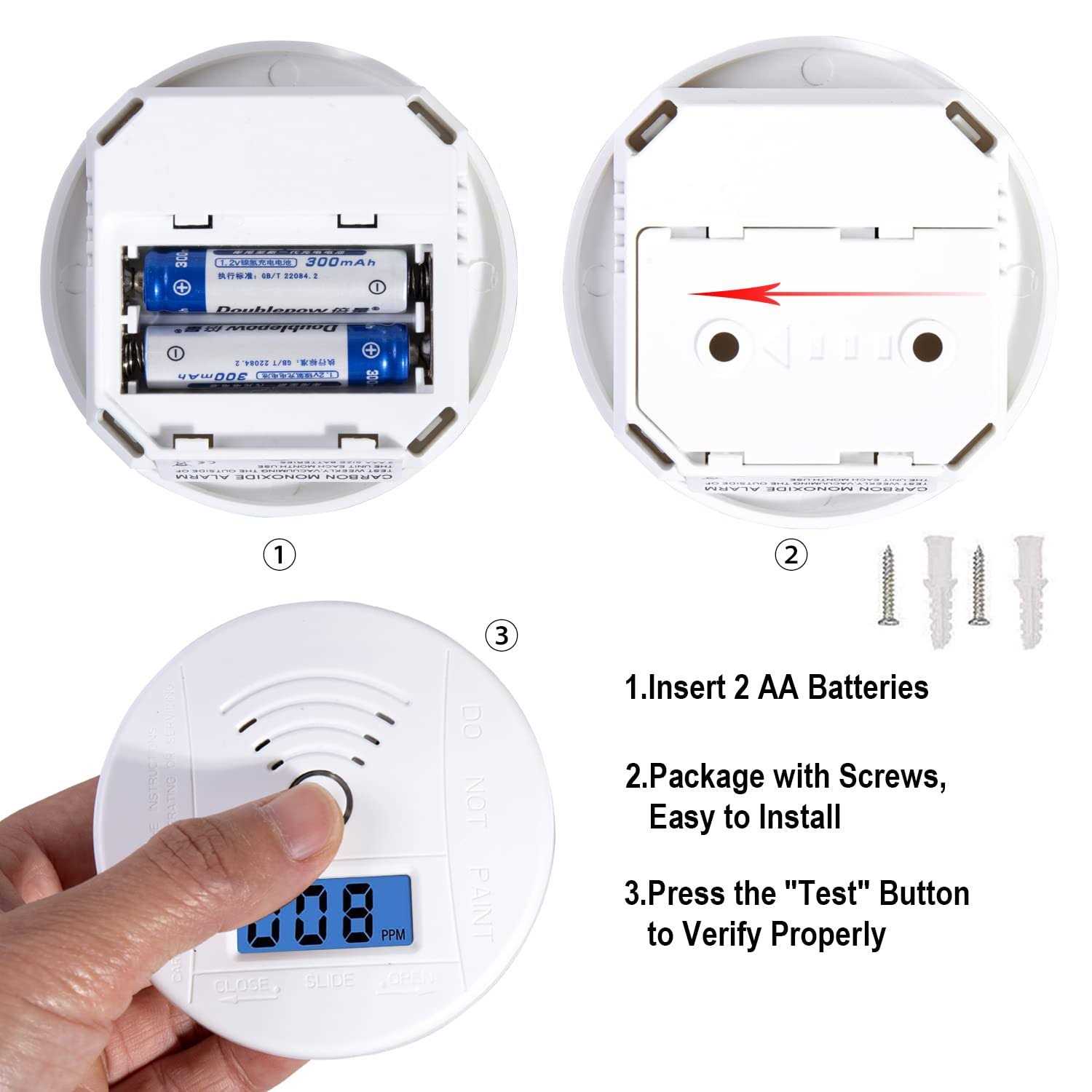 Cayueng Carbon Monoxide Detector Replaceable Battery-operated Carbon Monoxide Alarm Detectors with Digital Display & Led Lights,Co Alarm Device