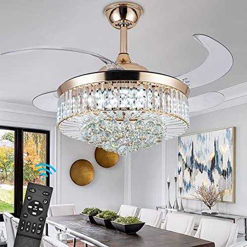 42&”Reversible Chandelier Crystal Ceiling Fan with Lights Stepless Dimming Modern Ceiling Fan Remote Control Retractable Invisible Blades