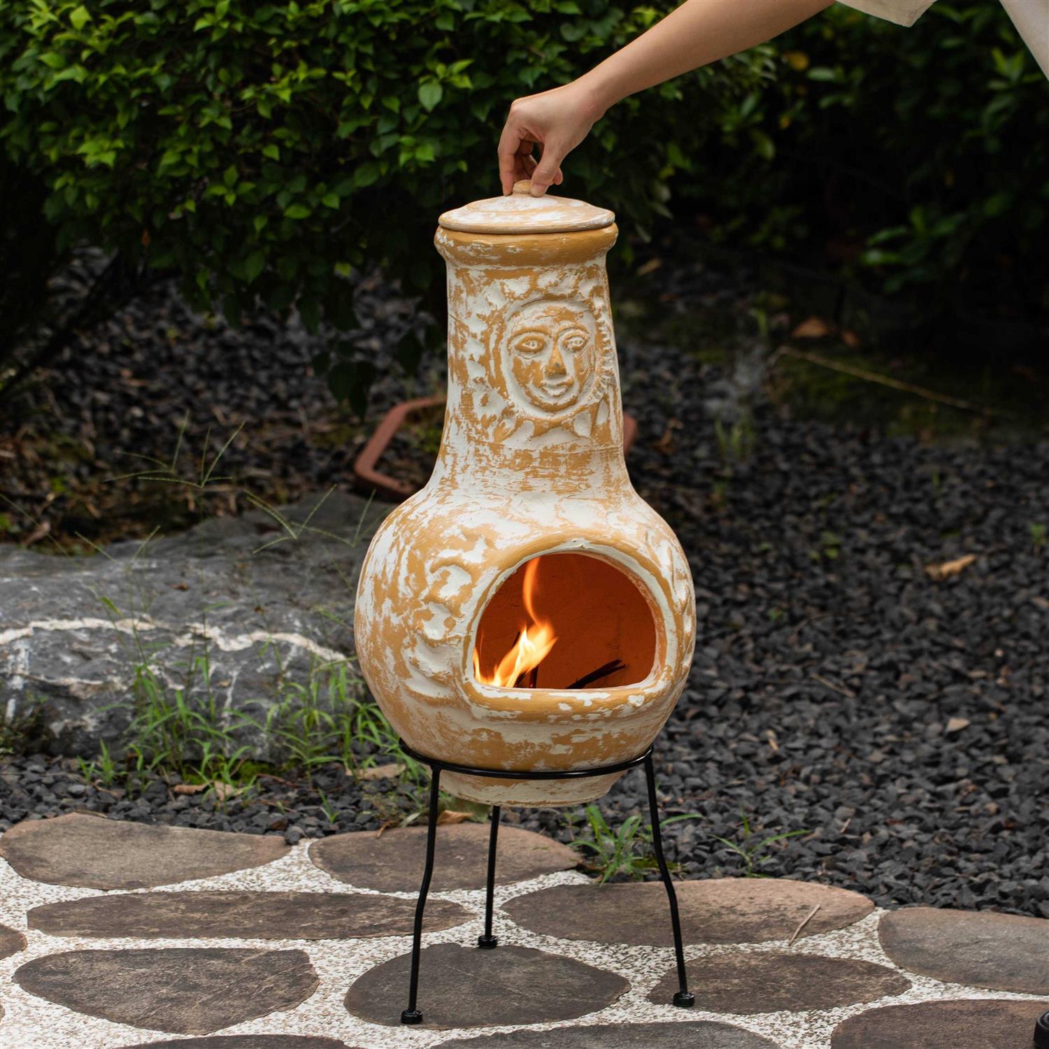 Vintiquewise Outdoor Clay Chiminea Fireplace Sun Design Wood Burning Fire Pit with Sturdy Metal Stand