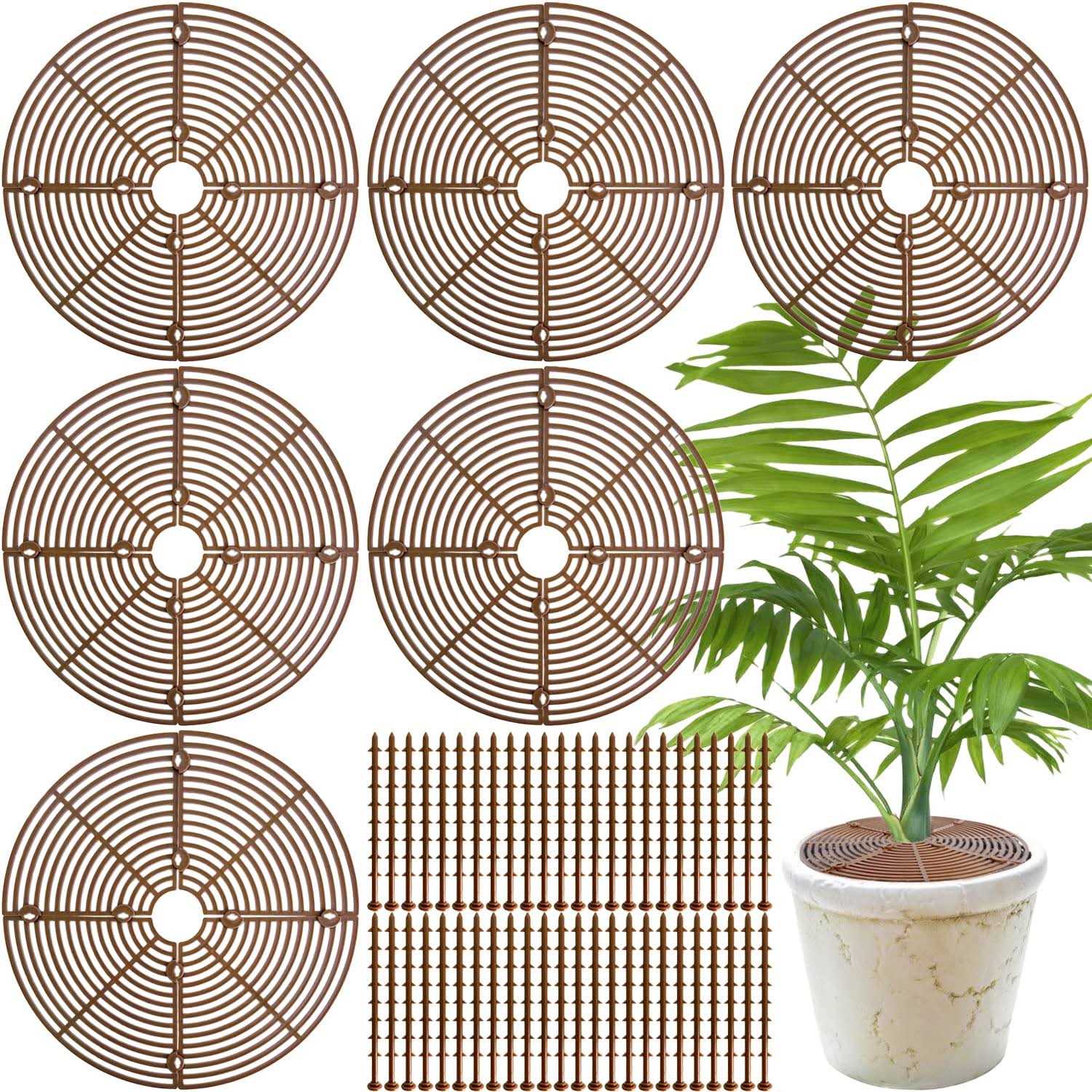 11.8 Inch Plant Pot Grid,6 Pack Plant Pot Soil Covers Protectors with 48 Stakes,Cat Pet Digging Stopper for Indoor Outdoor