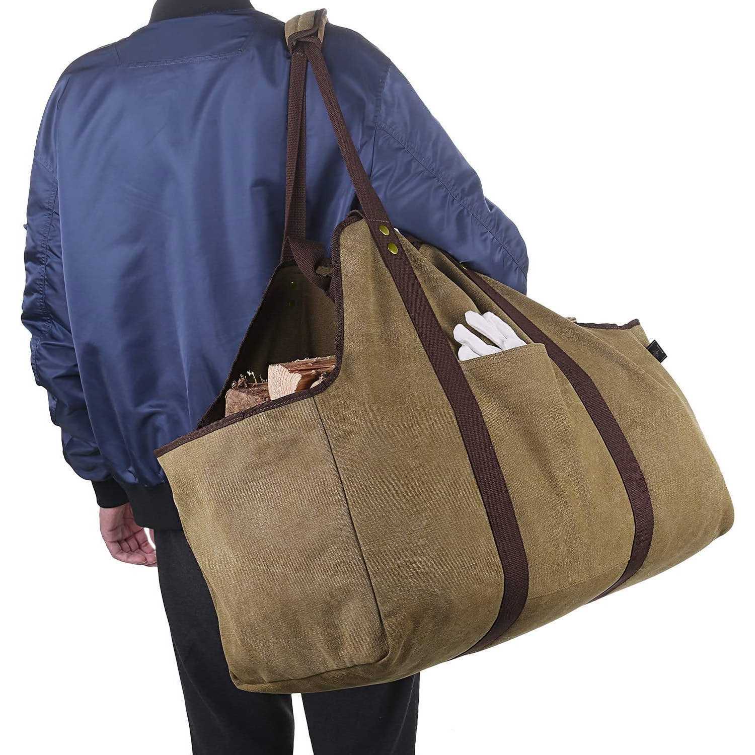 Bonthee Extra Large Waterproof Firewood Log Carrier Canvas Firewood Holder Indoor with Shoulder Strap and Top Handles Contained Weight-Relief Pad