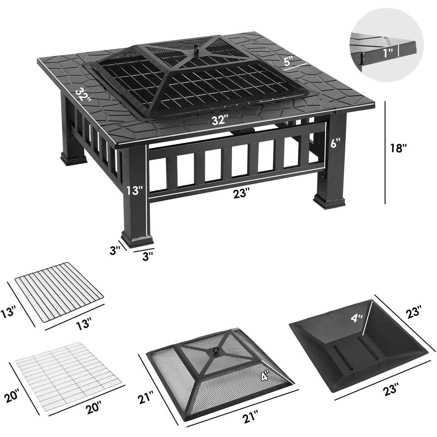 Lazy Buddy Steel Fire Pits for Outside 32&” Square Wood Burning Fire Pit Table