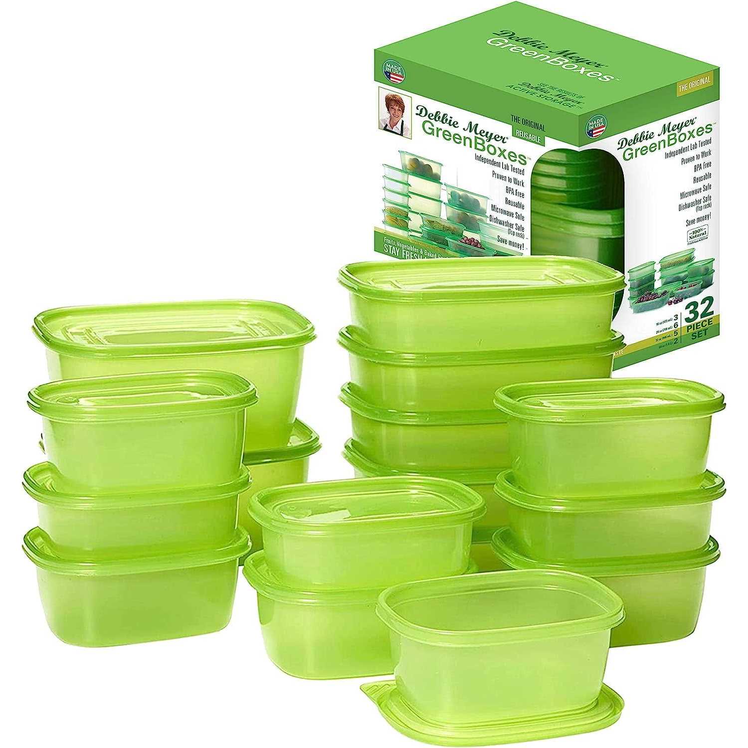 Debbie Meyer GreenBoxes 32 Piece Set – Keeps Fruits, Vegetables, Baked Goods and Snacks Fresh Longer, Reusable, Bpa Free, Microwave and Dishwasher
