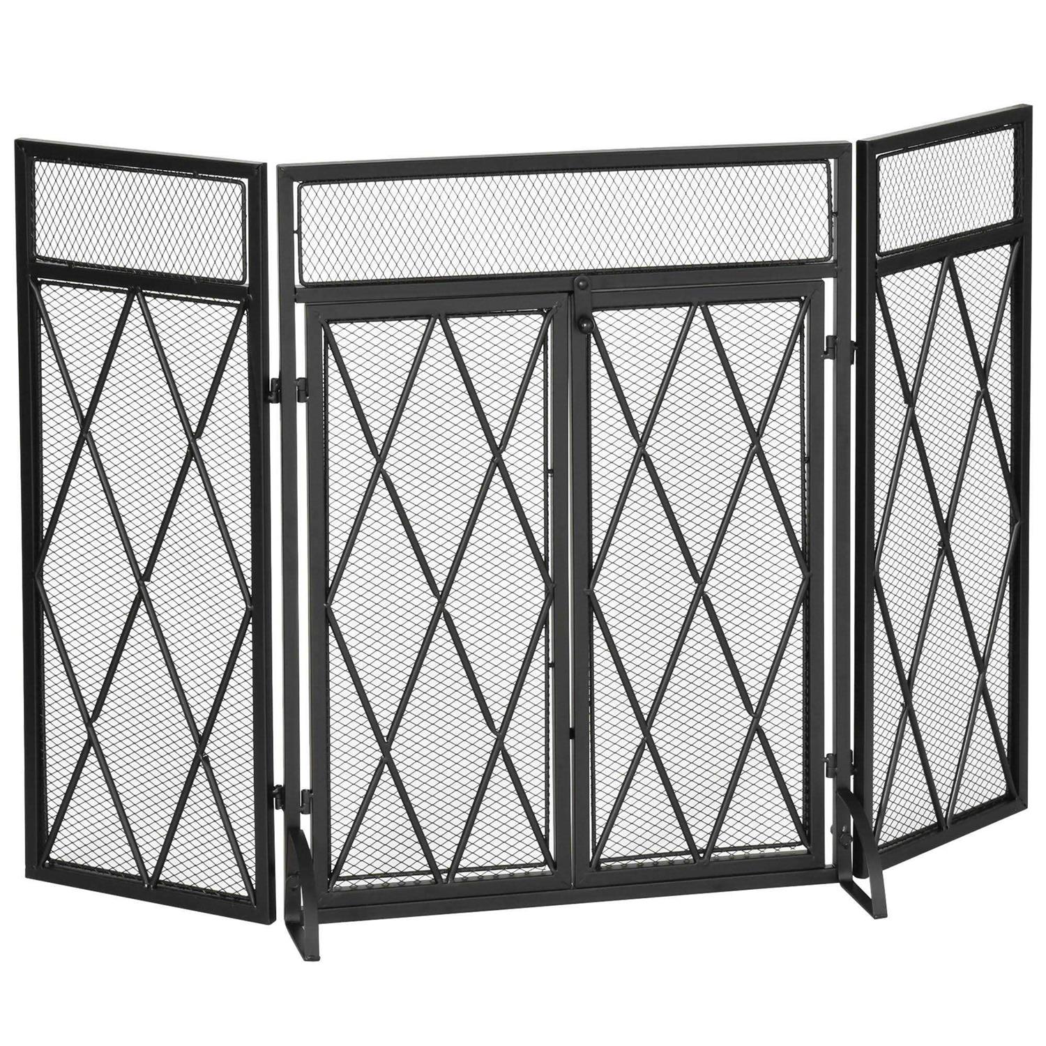 HOMCOM 3-Panel Folding Fireplace Screen for Wood Burning with Double Doors