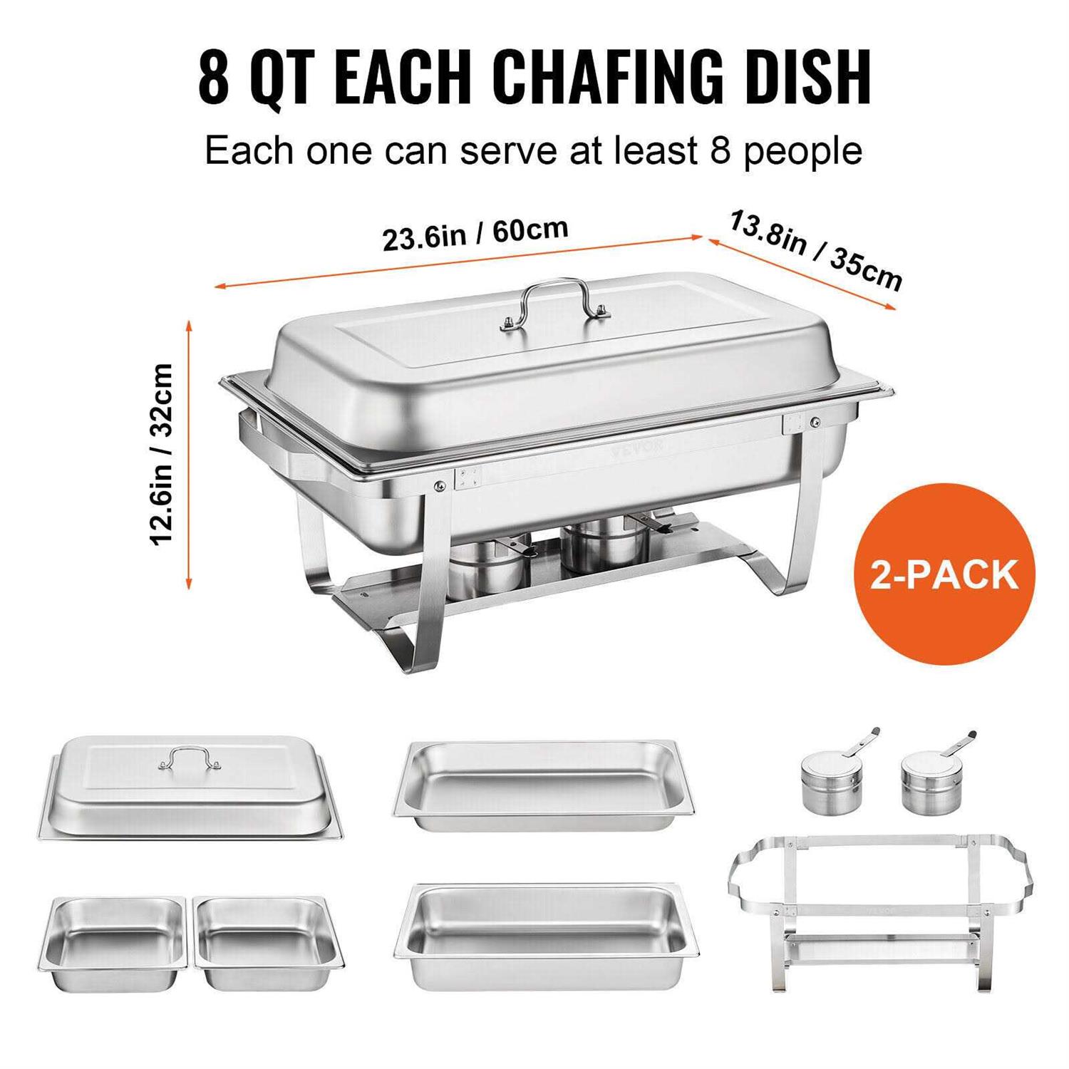 VEVOR 2-Pack Rectangle Chafing Dish Set 2 Full-Size 8Qt Pan 4 Half-Size 4Qt Pans
