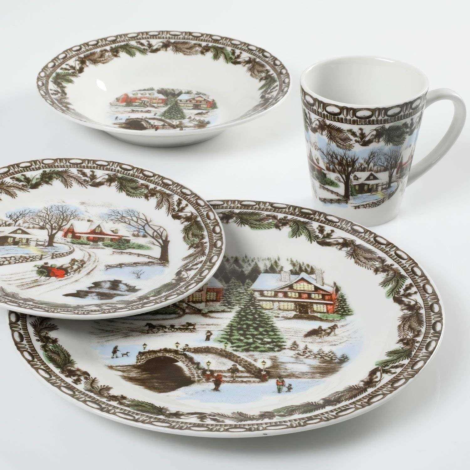 Gibson Home Christmas Toile 16 Piece Dinnerware Set