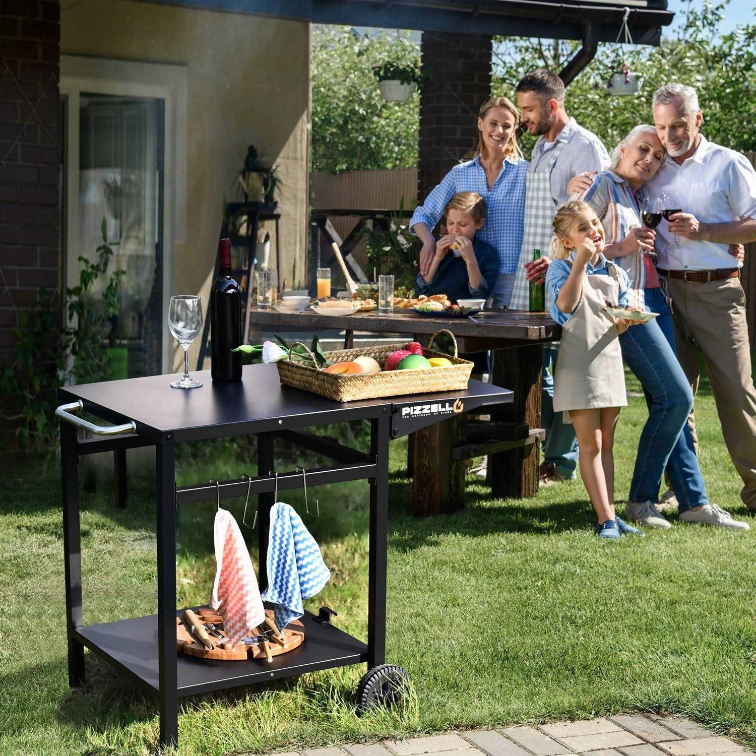 Outdoor Grill Cart Pizza Oven Trolley Stand Double Shelf Outdoor Worktable with 2 Wheels PIZZELLO
