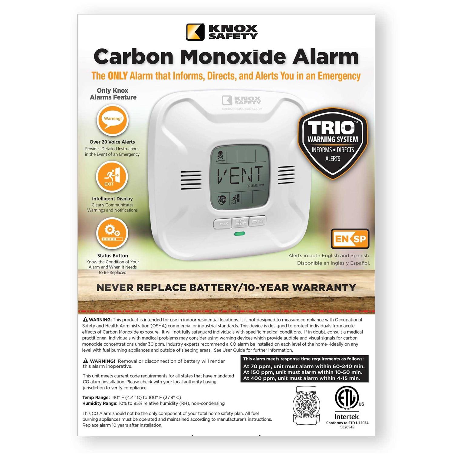Knox Safety Voice Alert & Display Battery Operated Carbon Monoxide Detector