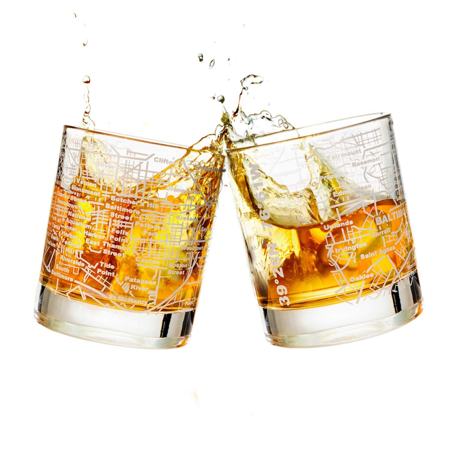 Greenline Goods Etched Whiskey Glasses 10 Oz Tumbler Gift Set Map