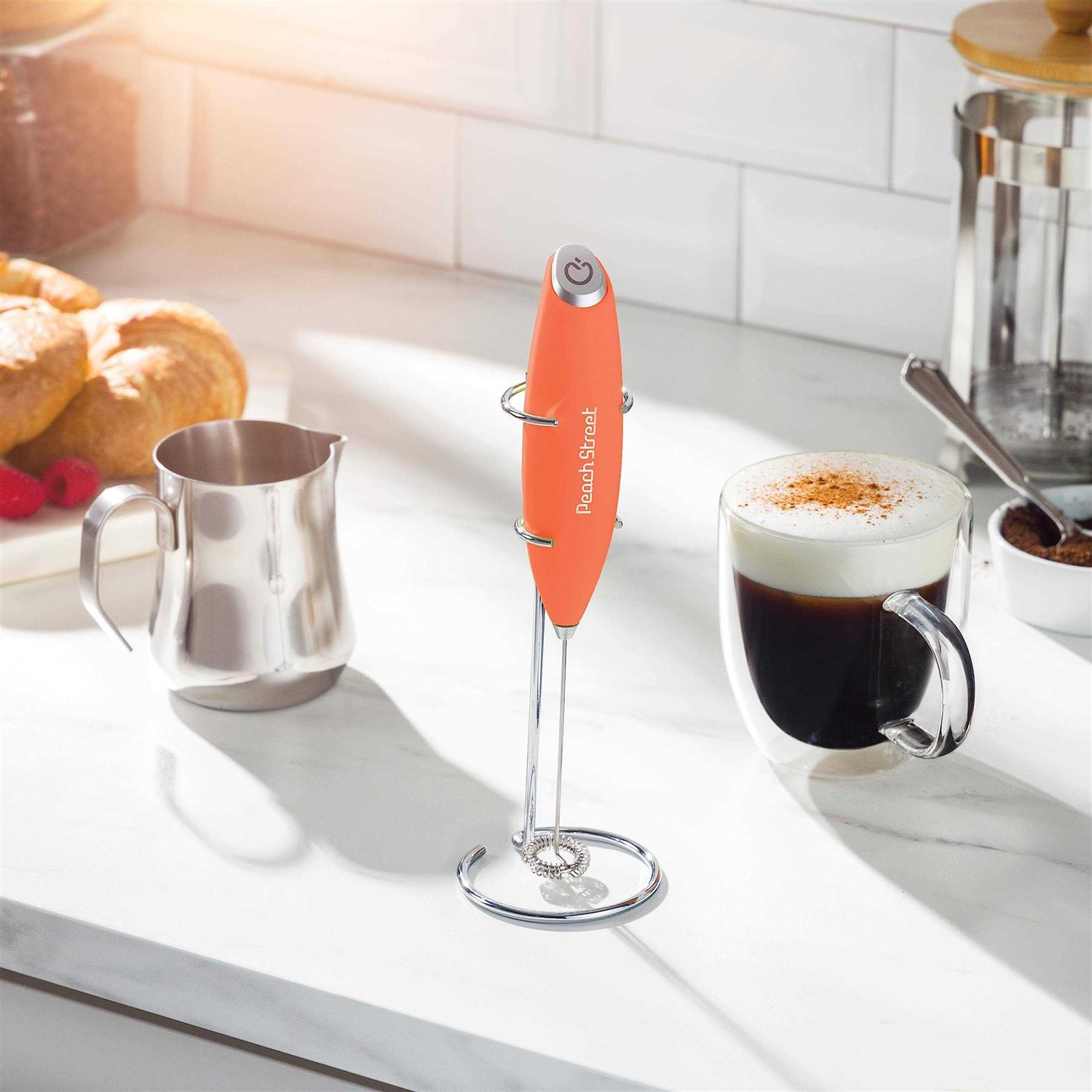 Powerful Handheld Milk Frother Mini Milk Foamer Battery Operated Stainless Steel Drink Mixer with Frother Stand