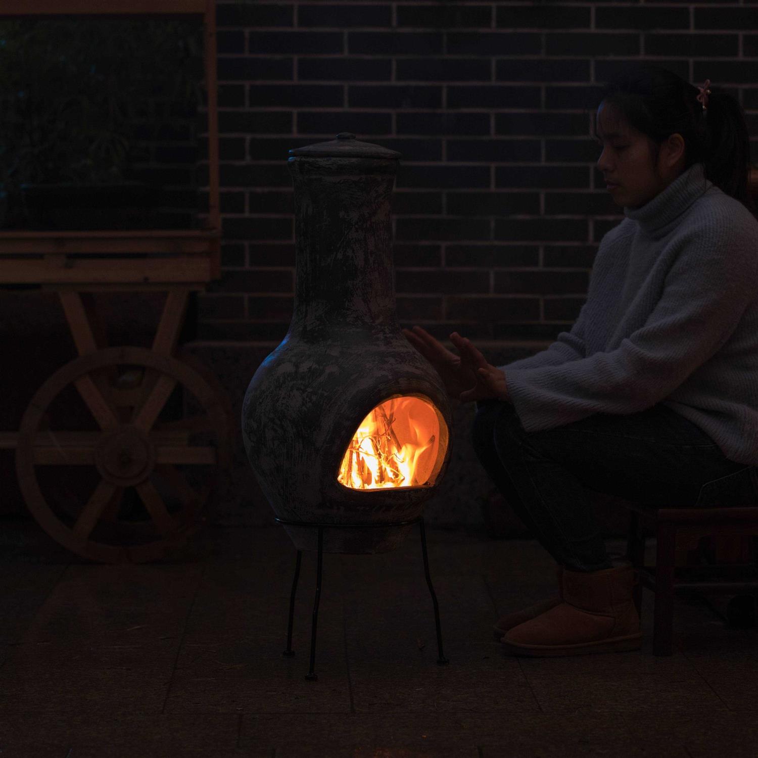 Vintiquewise Gray Outdoor Clay Chiminea Fireplace Stoney Scribbled Design Charcoal Burning Fire Pit with Sturdy Metal Stand