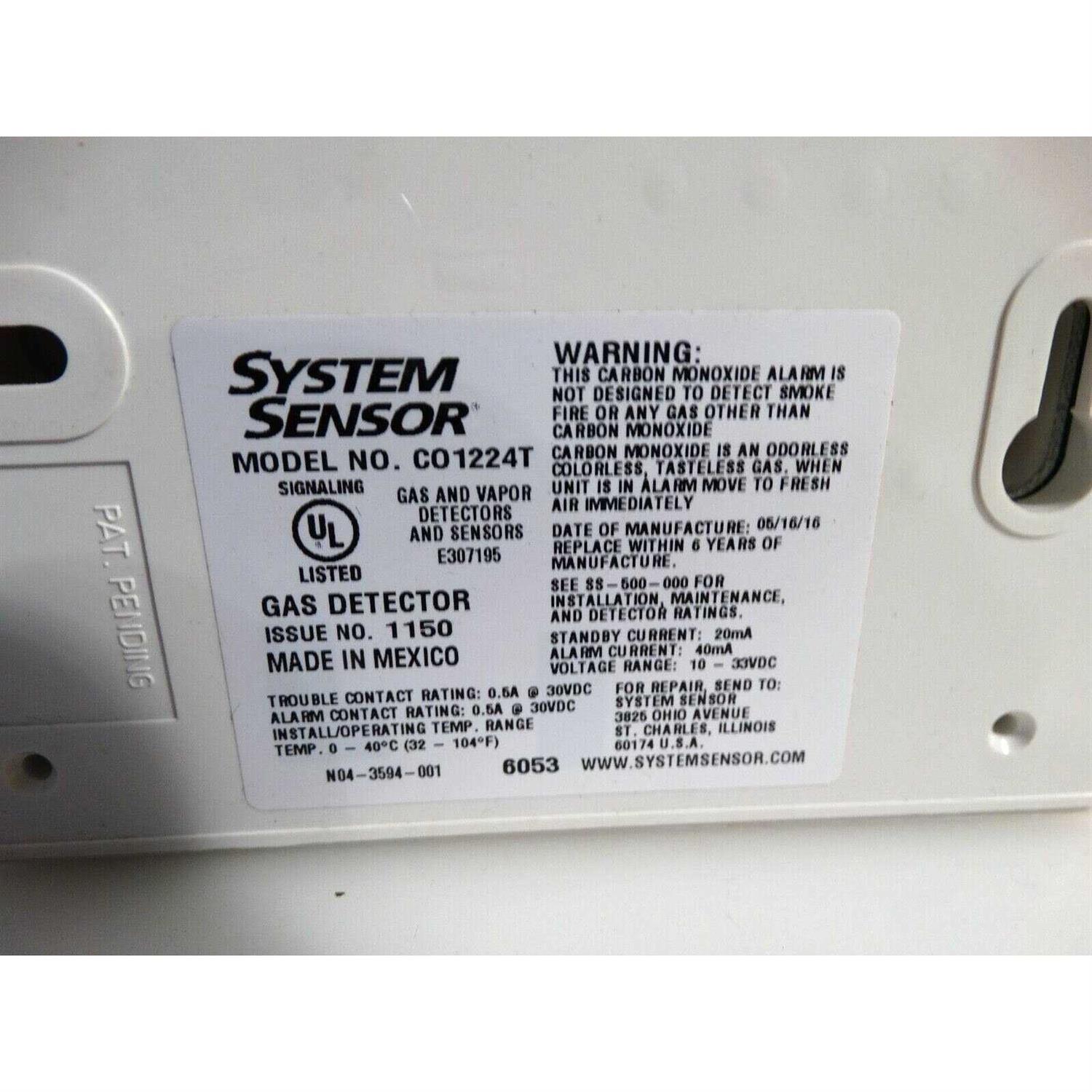 System Sensor CO1224T Carbon Monoxide Detector