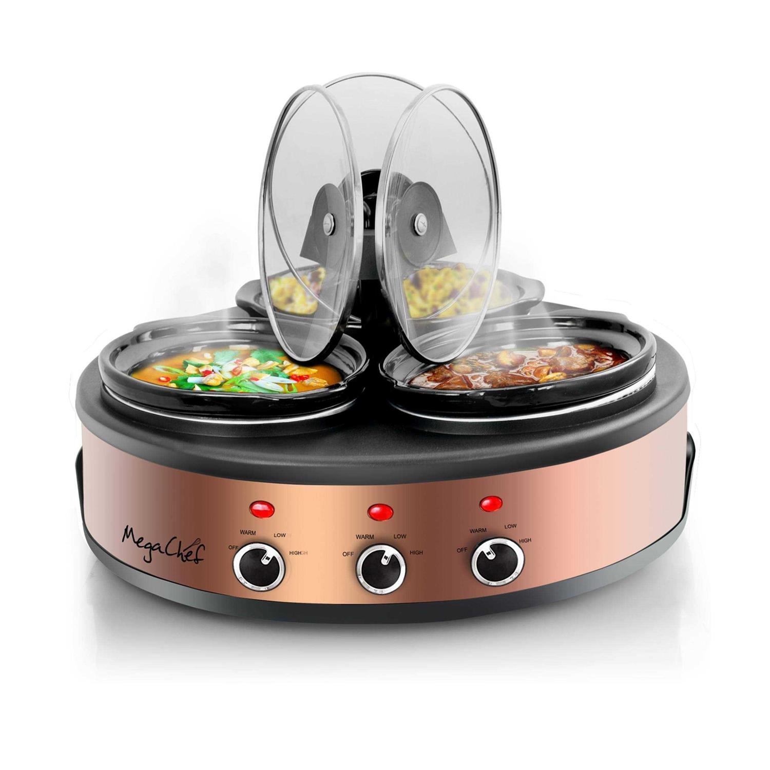 MegaChef Round Triple 1.5 Quart Slow Cooker and Buffet Server in Brushed Copper