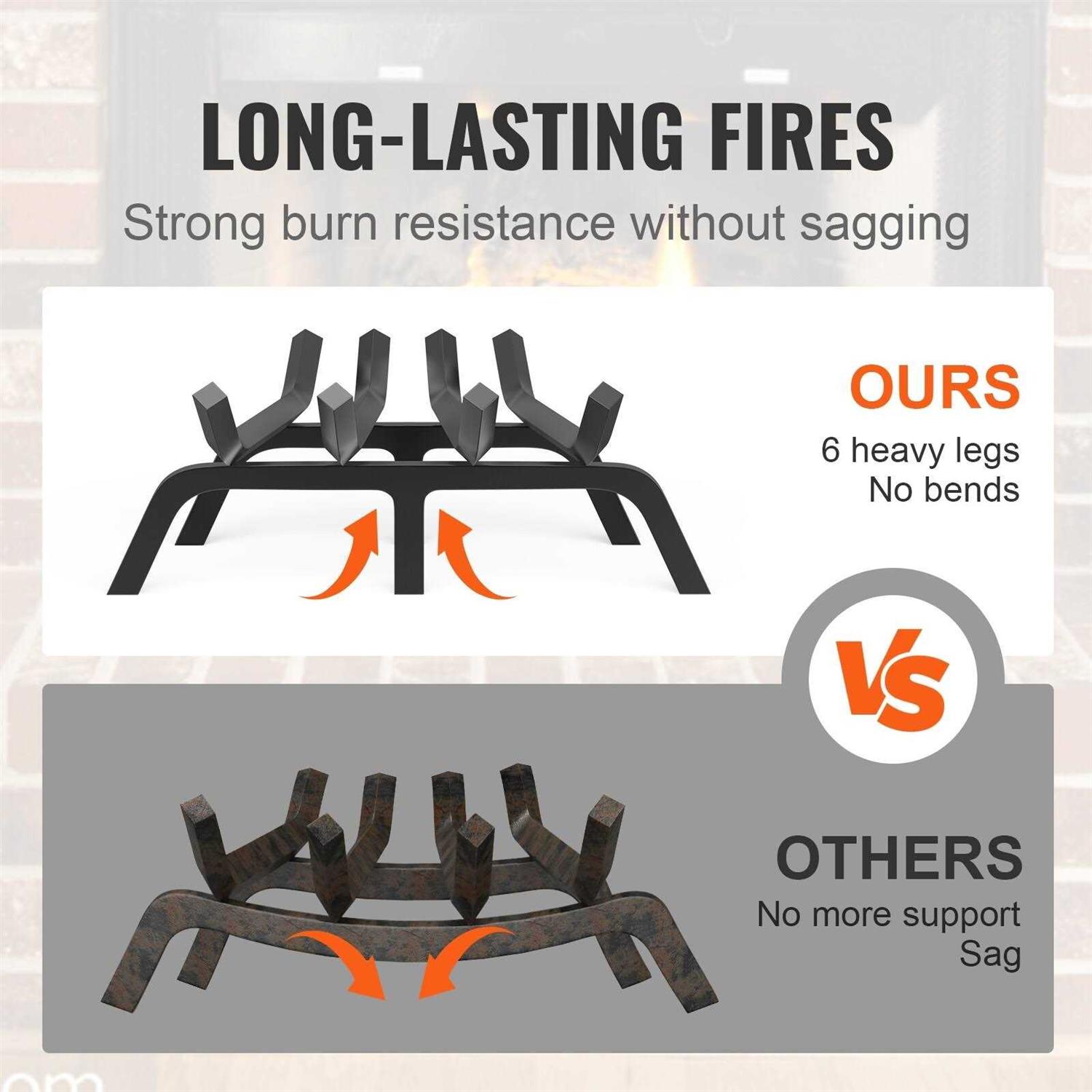 VEVOR Fireplace Log Grate Heavy-Duty Fireplace Grate Solid Powder-coated Steel Bars Log Firewood Burning Rack Holder