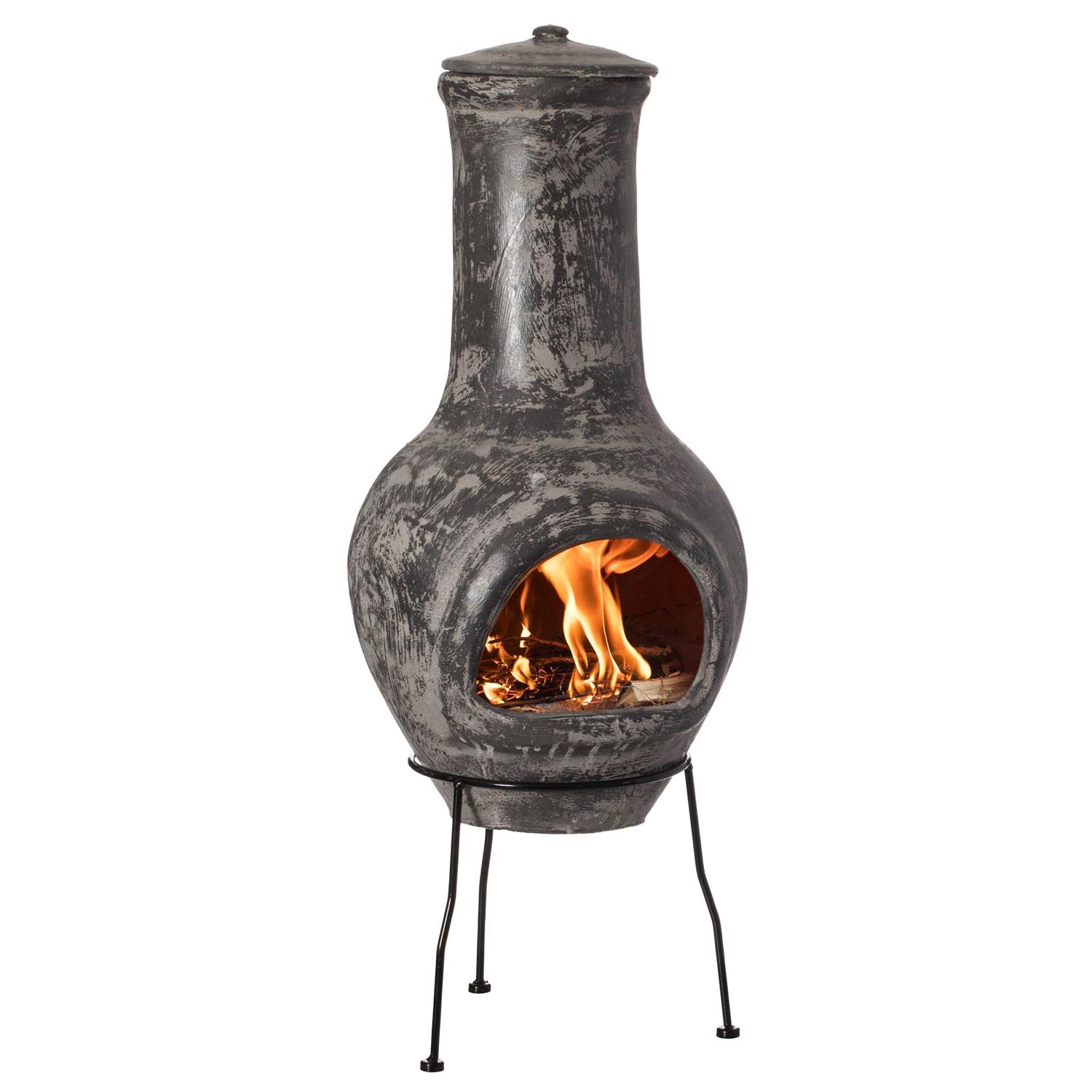 Vintiquewise Gray Outdoor Clay Chiminea Fireplace Stoney Scribbled Design Charcoal Burning Fire Pit with Sturdy Metal Stand
