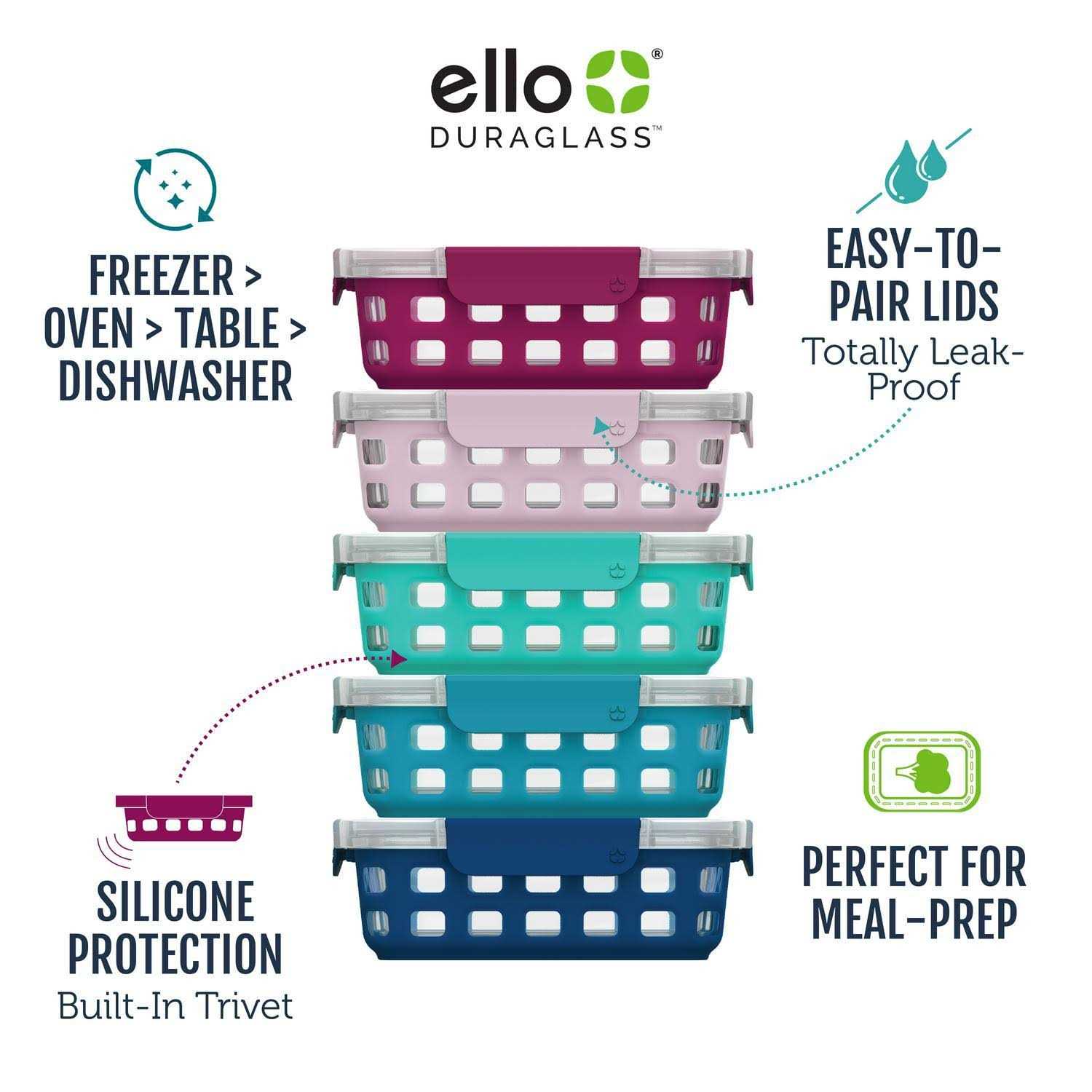 Ello Glass 3.4 Cup 27 Ounce Duraglass Food Storage Meal Prep Container Set