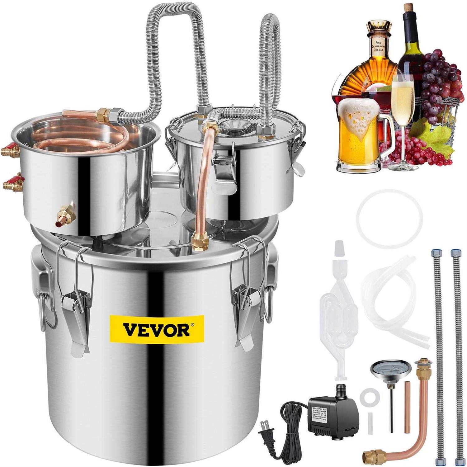 VEVOR 8 gal. Alcohol Distiller Stainless Steel Double Thumper Keg Home Brewing Kit with Copper Tube and Water Pump
