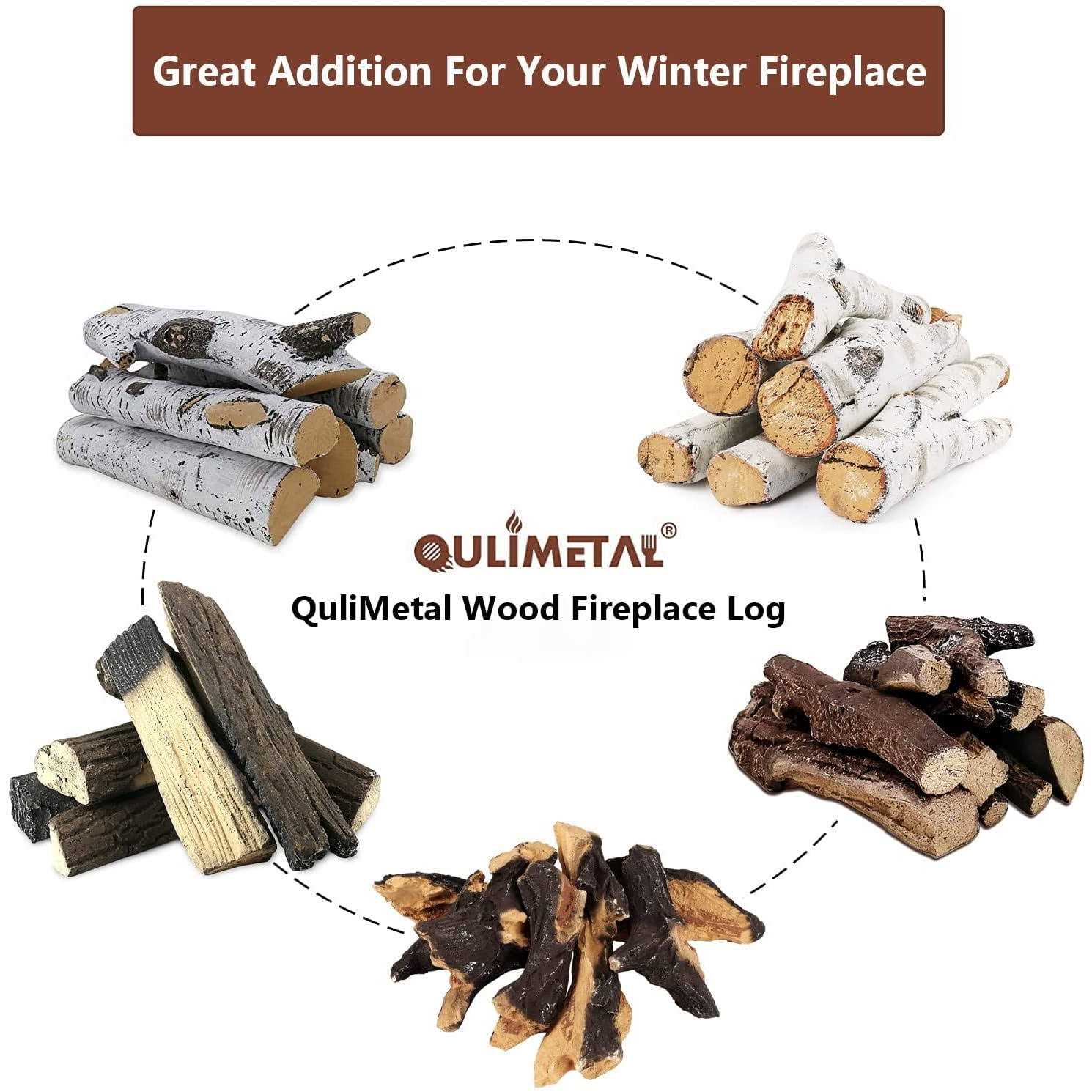 QuliMetal Gas Fireplace Logs Ceramic White Birch Wood Logs