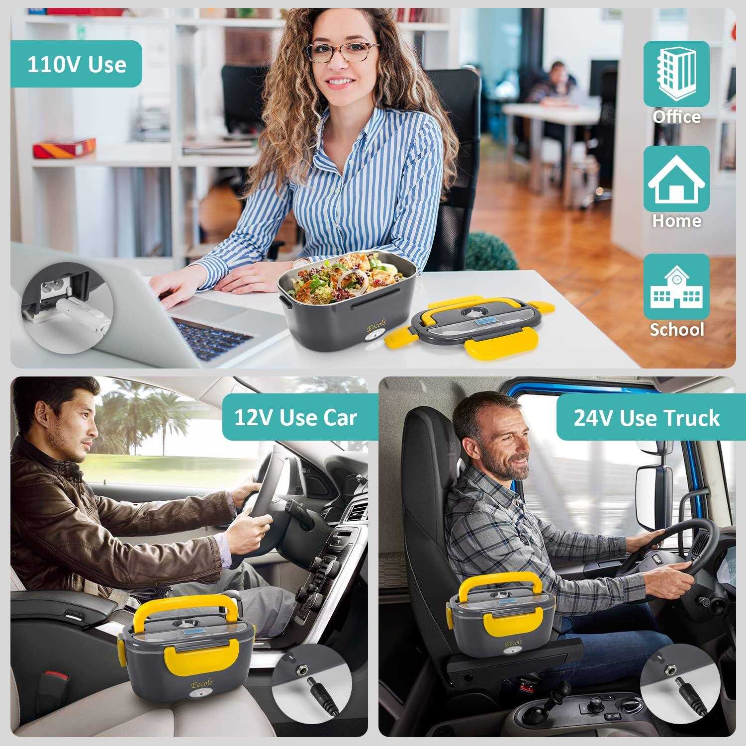 Eocolz Electric Lunch Box Food Heater Warmer 60W 2 in 1 Portable Lunch Box for Car Truck Home Work Leak Proof with 1.5l Removable 304 Stainless