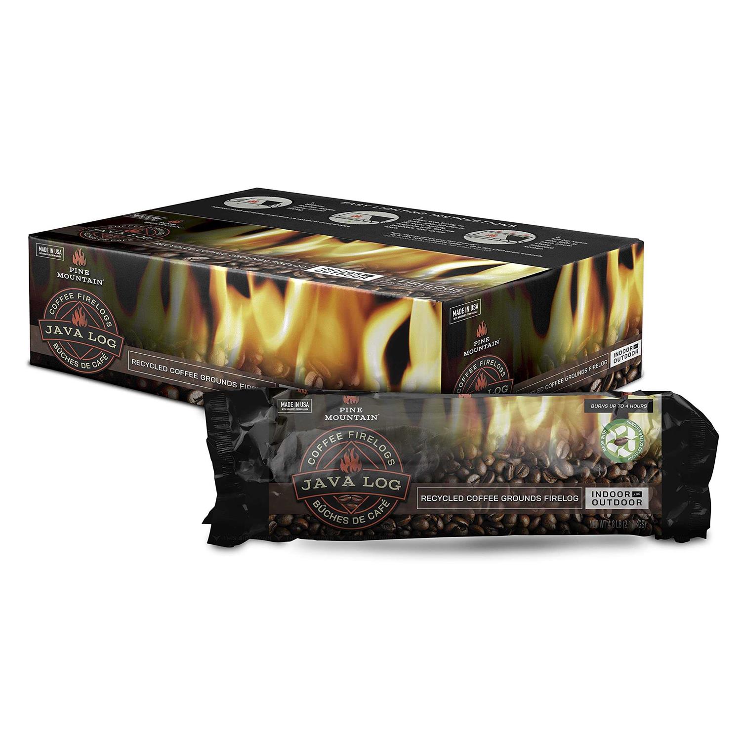 Pine Mountain Java Log Recycled Coffee Grounds 4-Hour Firelog Long Burning Firelog for Campfire
