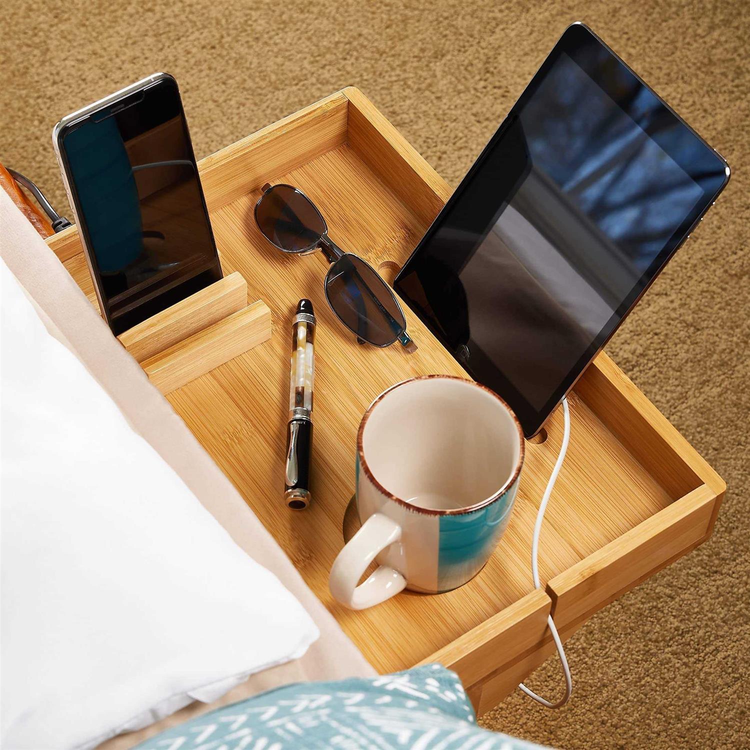 House Ur Home Bamboo Bedside Shelf for Bed, Dorm Bed Shelf fits a Laptop, Books, and Drink