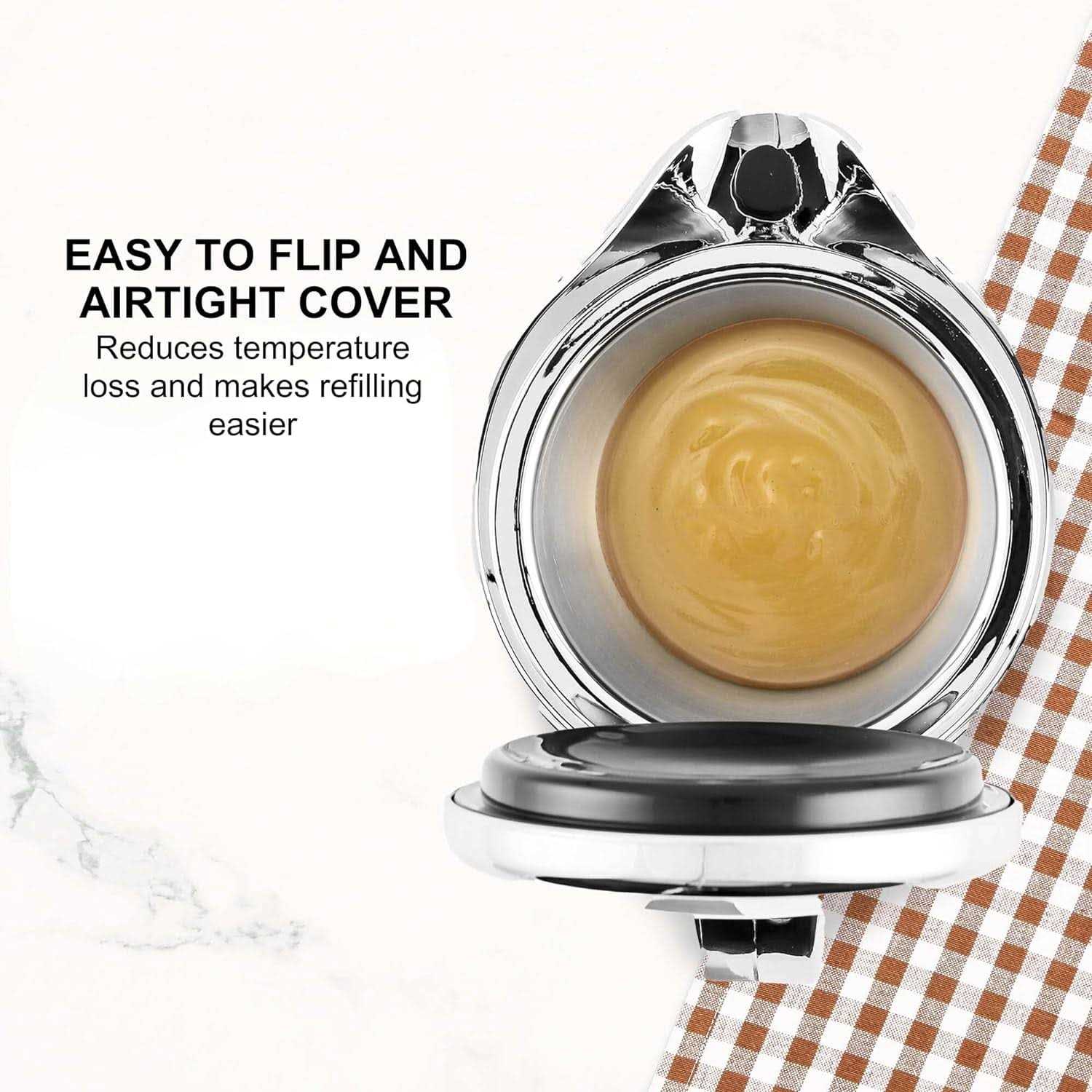 Ovente Stainless Steel Gravy Boat, Double Insulated Sauce Jug with Hinged Lid, 14oz Ideal for Serving Cream or Salad Dressing at Family Dinner