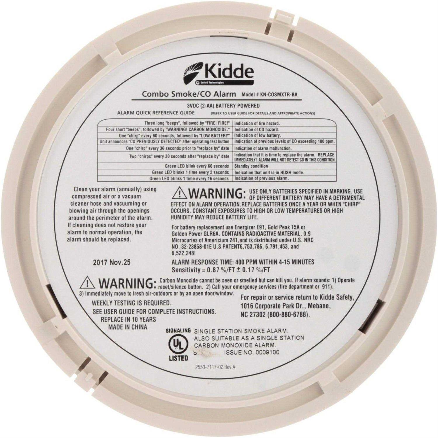 Kidde Intelligent Carbon Monoxide and Smoke Alarm Combination Battery Operated 21007450