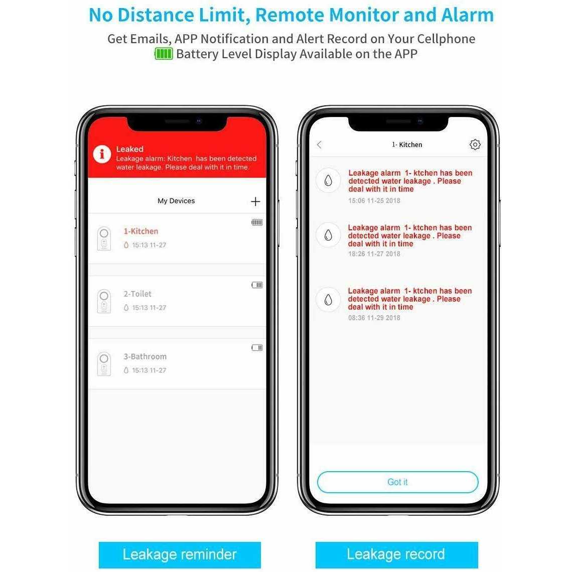Govee WiFi Water Sensor 3 Pack, 100dB Adjustable Alarm and App Alerts, Leak and Drip Alert with Email