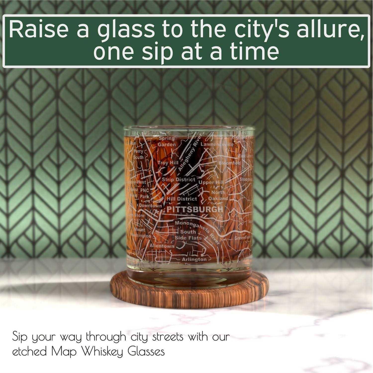 Greenline Goods Etched Whiskey Glasses 10 Oz Tumbler Gift Set Map