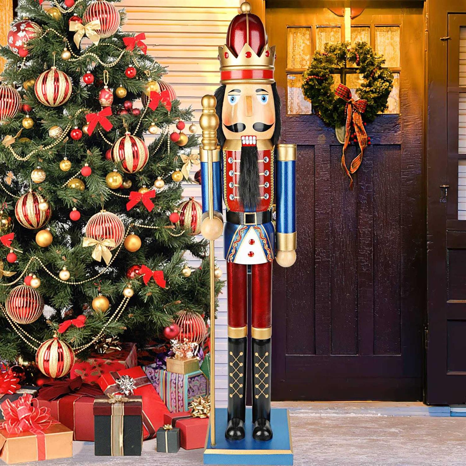 AMOR PRESENT Nutcracker Figure 36 2.9Ft Dark Blue&Red Wooden Nutcracker Soldier Statue for Christmas Decoration,Holiday Decor