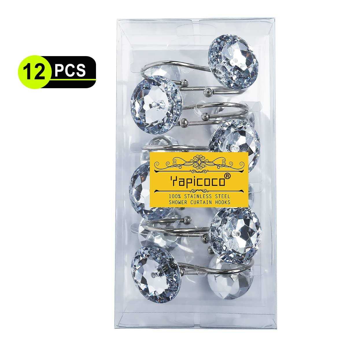 Yapicoco 12PCS Shower Curtain Hooks Rings for Bathroom Stainless Steel Rust Resistant Decorative Rhinestones Hangers for Shower Curtains