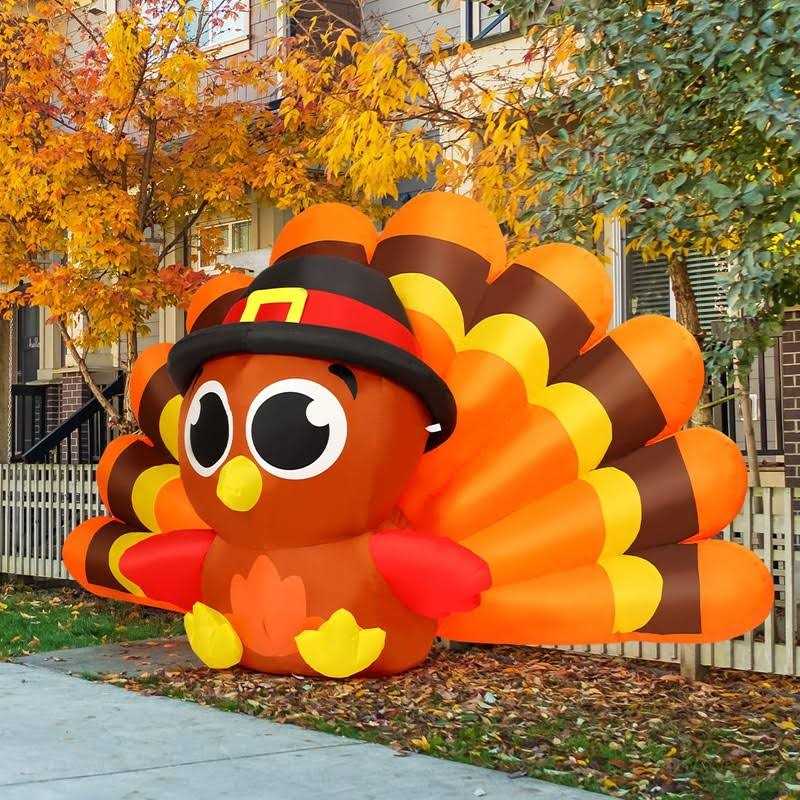 GOOSH 8 FT Long Thanksgiving Iatables Turkeys Outdoor Decorations Blow Up Yard Big Tail Turkey Baby with Pilgrim Hat with Built-in LEDs