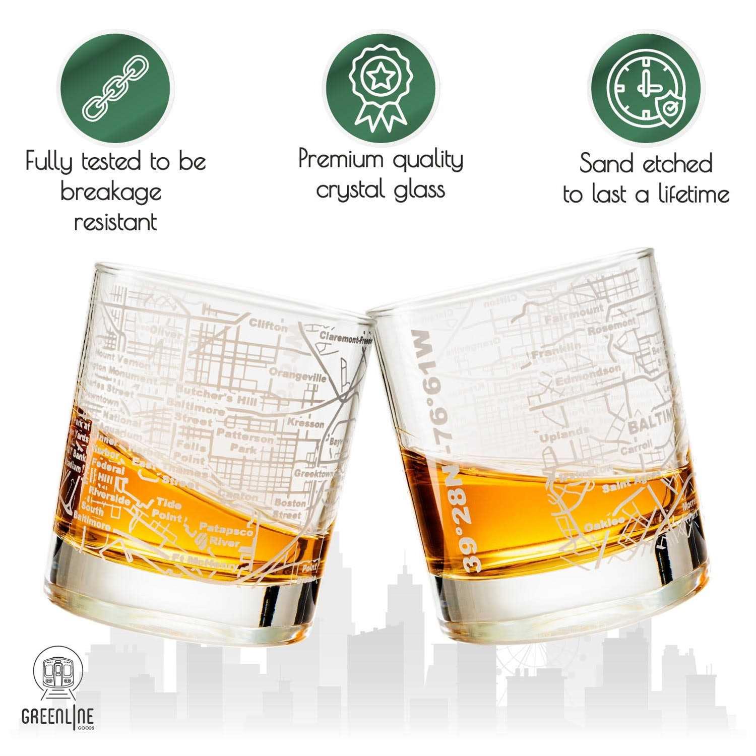 Greenline Goods Etched Whiskey Glasses 10 Oz Tumbler Gift Set Map