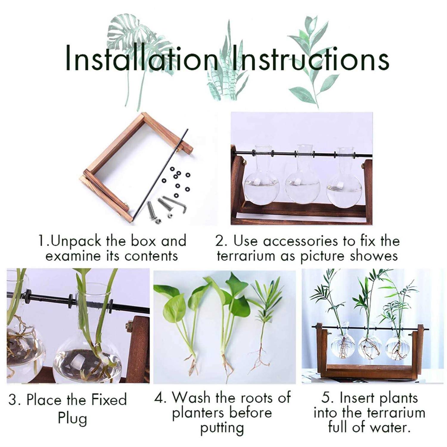 Xxxflower Plant Terrarium with Wooden Stand Air Planter Bulb Glass Vase Metal Swivel Holder Retro Tabletop for Hydroponics Home Garden Office