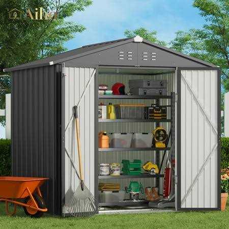 Aiho 6 x 4 FT Outdoor Storage Shed on Clearance with Metal Base Frame and Double Lockable Doors for Garden