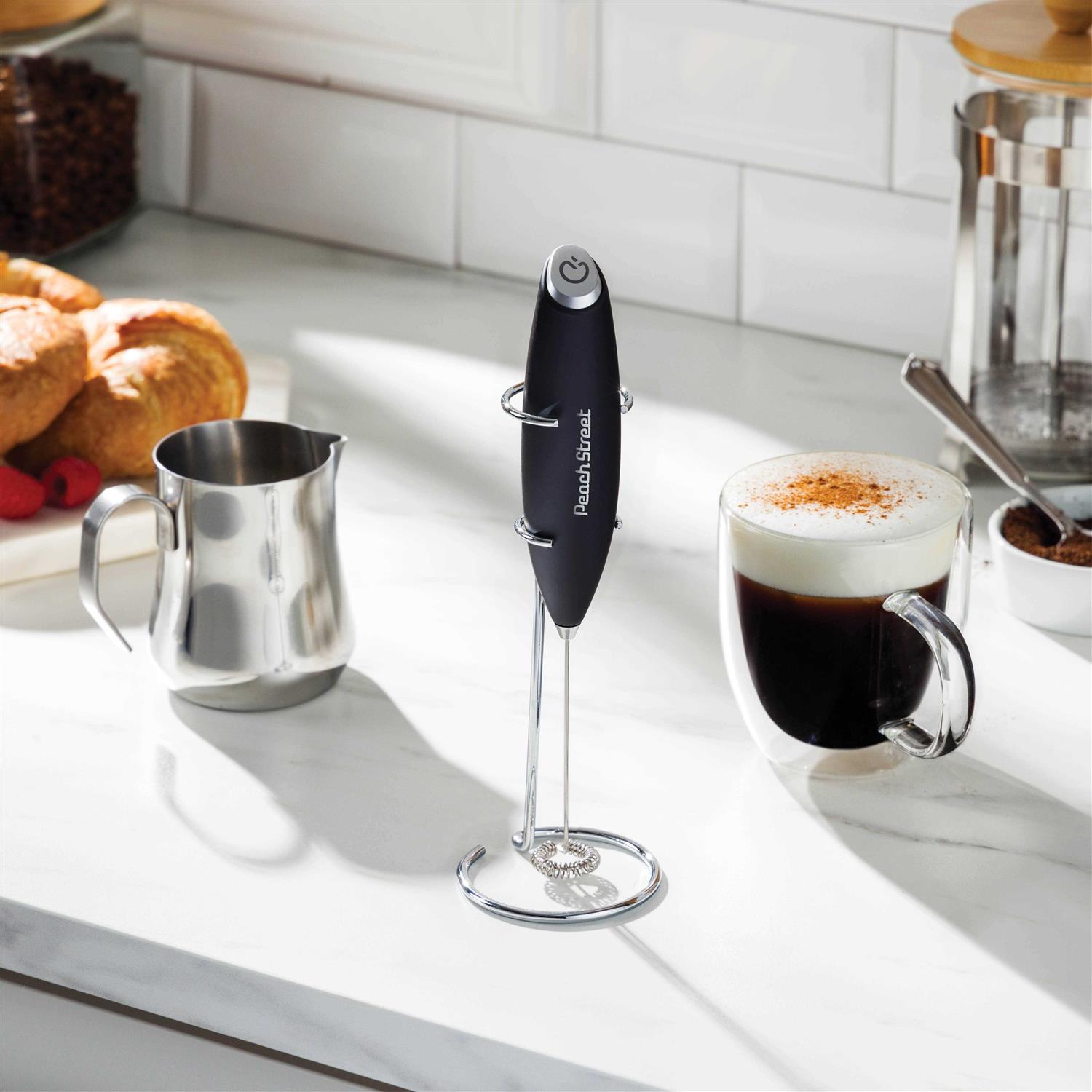 Powerful Handheld Milk Frother Mini Milk Foamer Battery Operated Stainless Steel Drink Mixer with Frother Stand