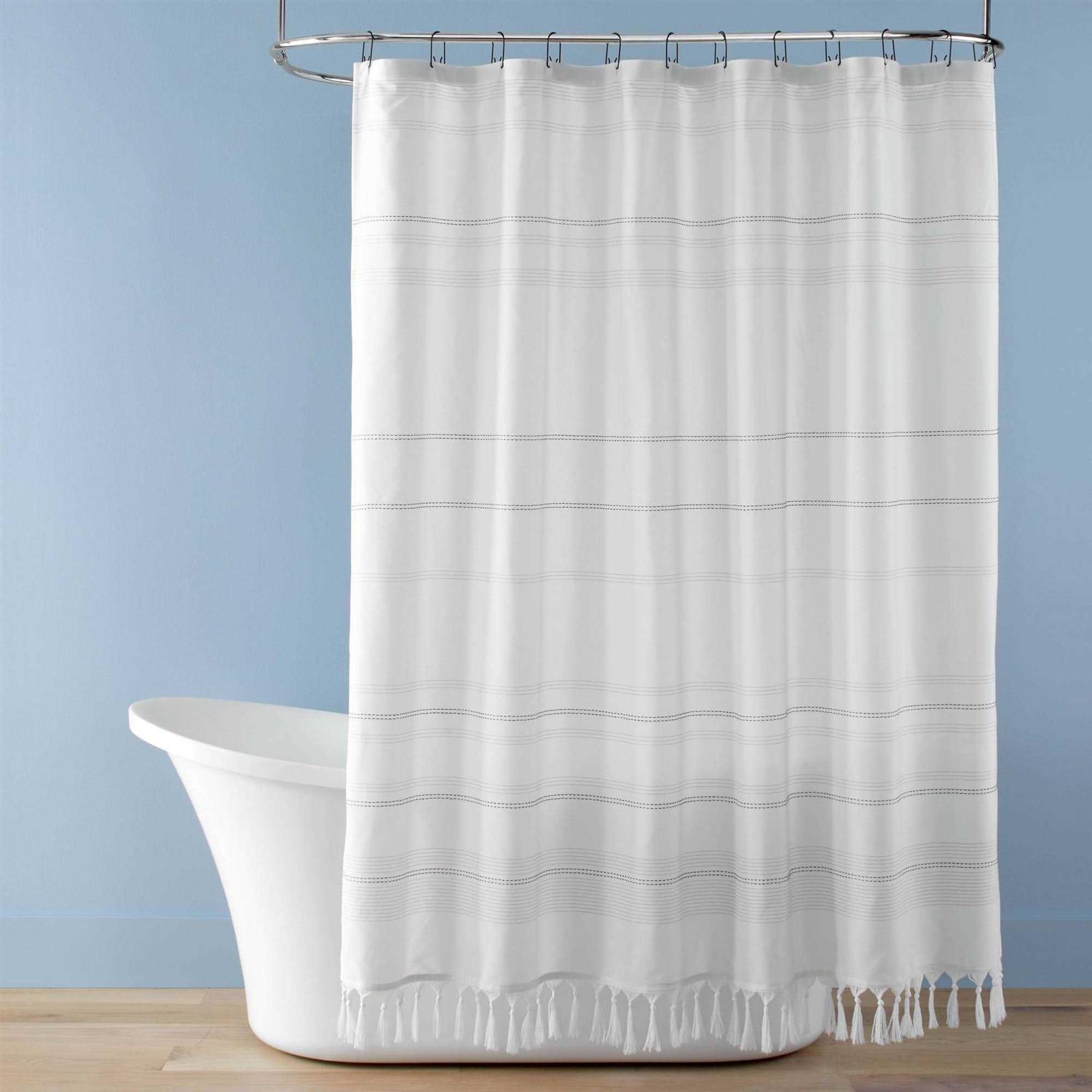 Hearth & Hand with Magnolia Woven Stripe Tassel Shower Curtain White/Dark Gray