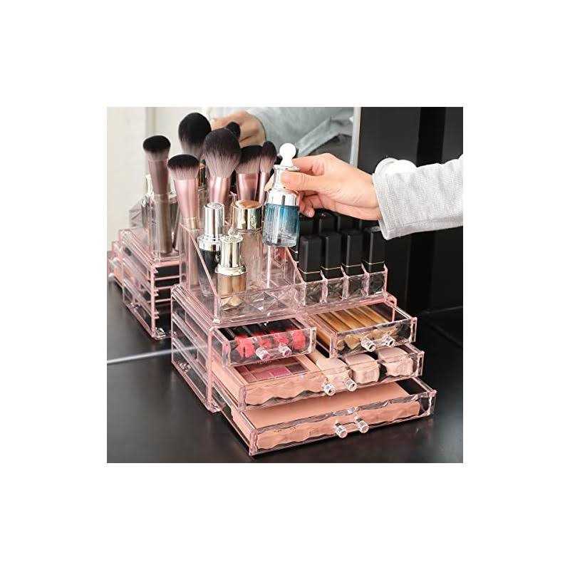 ZHIAI Jewelry and Cosmetic Boxes with Brush Holder Pink Diamond Pattern Storage Display Cube Including 4 Drawers and 2 Pieces Set