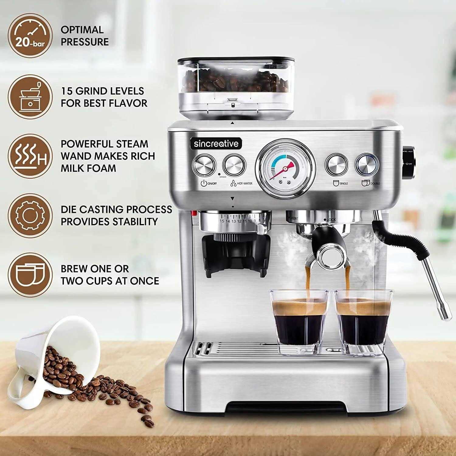 Sincreative 20 Bar All in One Espresso Machine with Grinder and Milk Frother