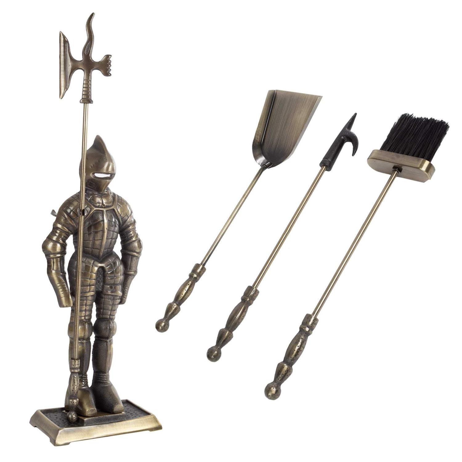 Lavish Home 3-piece Fireplace Set-Medieval Knight Cast Iron Statue Holds Heavy D