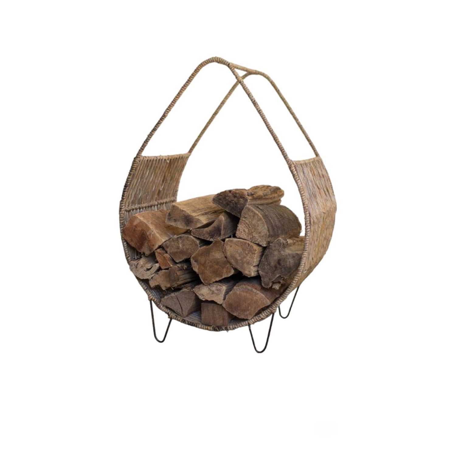Kalalou Woven Rush and Metal Firewood Rack with Tall Handle