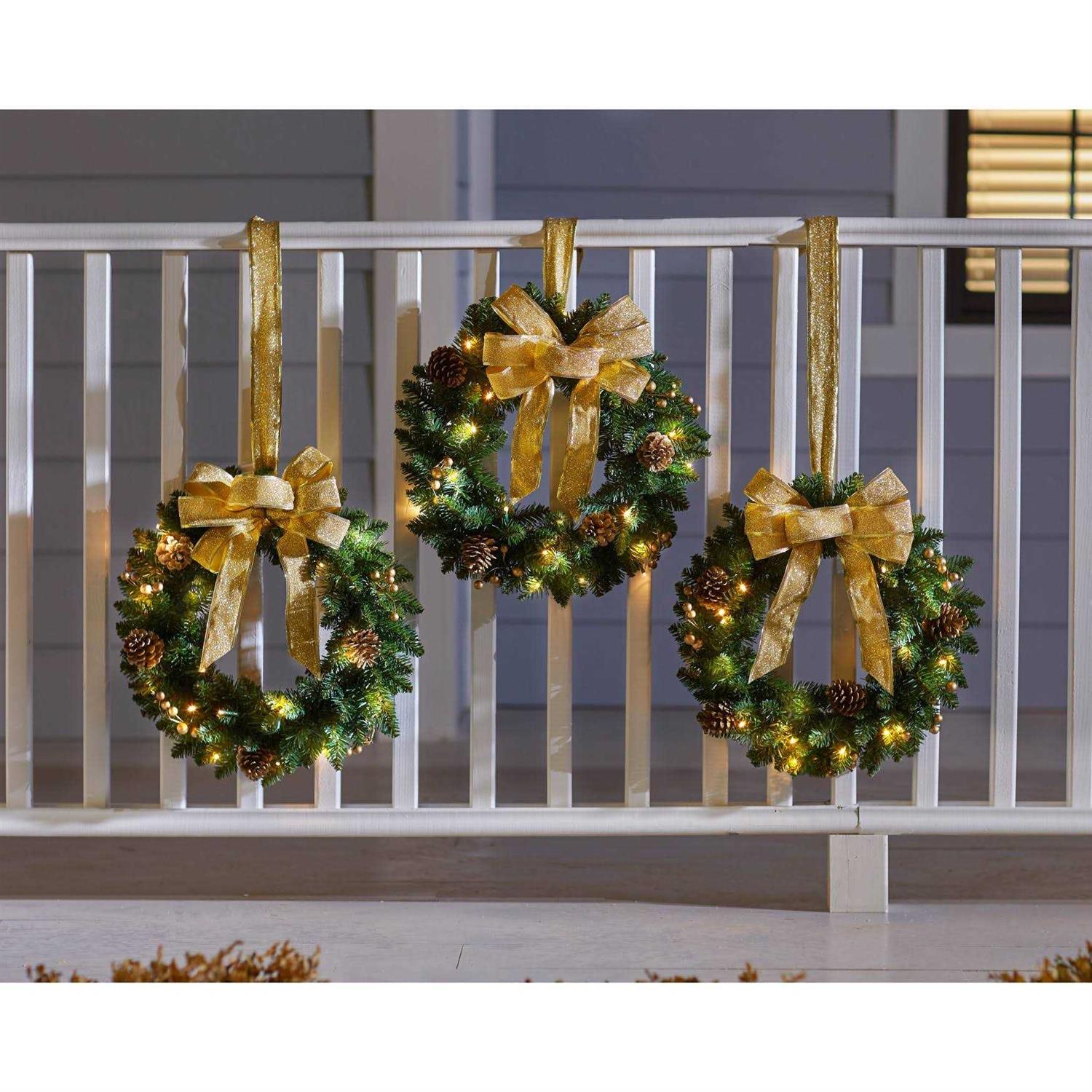 BrylaneHome Set Of 3 Cordless Pre-Lit Mini Christmas Wreaths