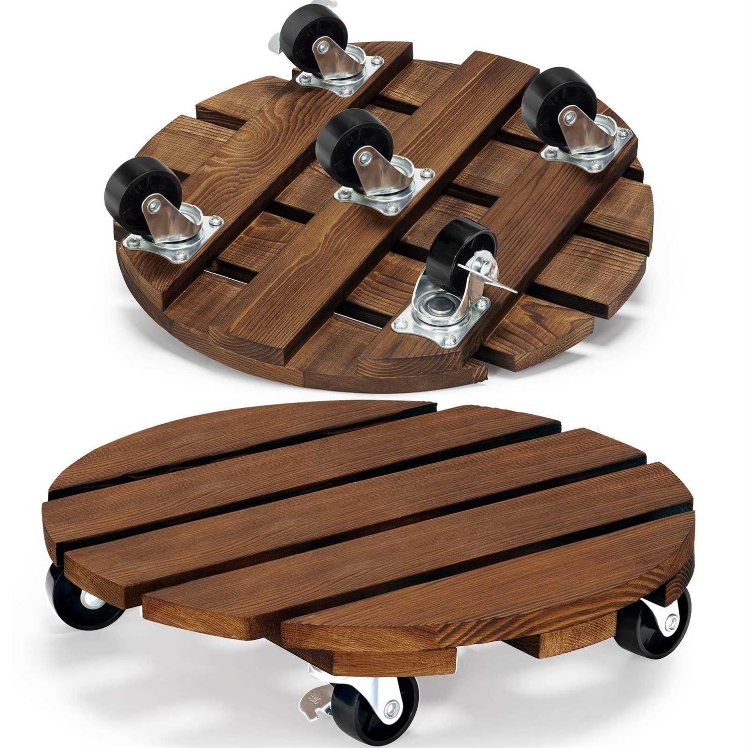 Yangbaga 2pack Plant Caddy 12u2019u2019Wood Duty Round Plant Roller with 2 360° Lockable Caster Wheels,Indoor Outdoor on Roller Patio/Flower